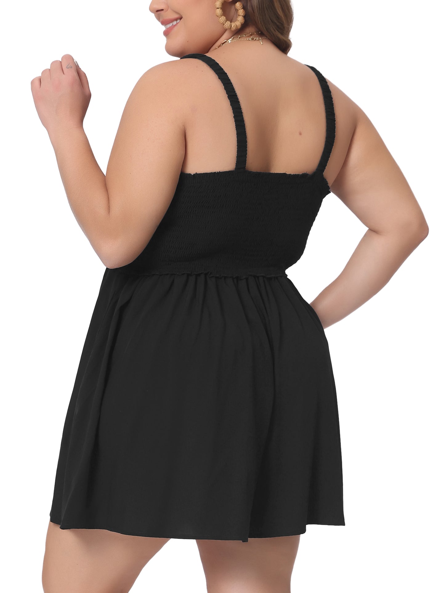 Women Plus Size Summer Sleeveless Rompers Square Collar Flowy Short Jumpsuit with Pockets