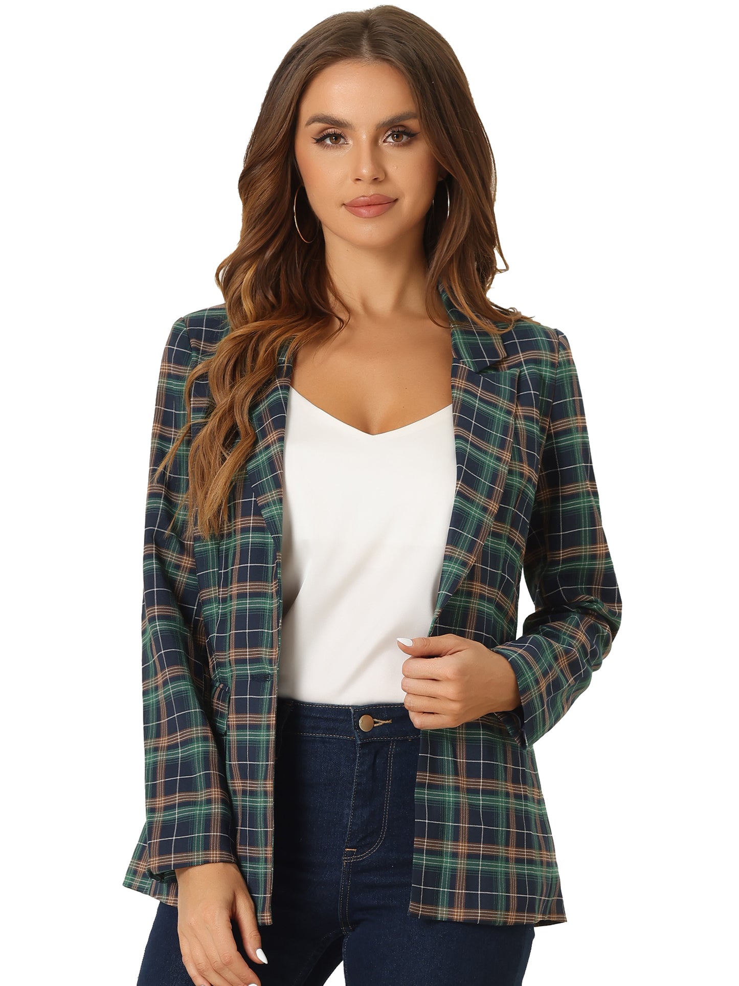 Women's Notched Lapel One Button Plaid Blazer Suit Jacket