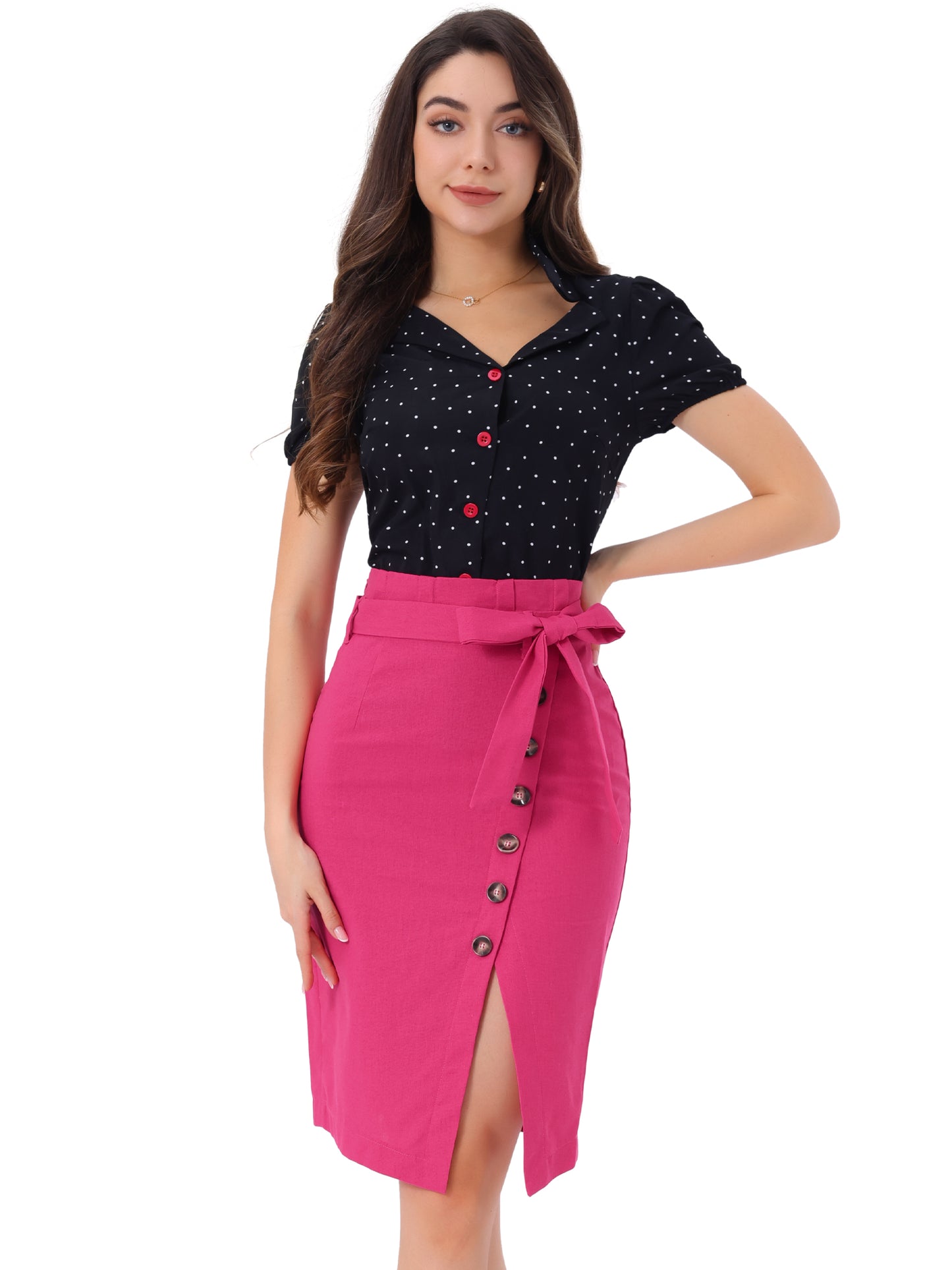 Women's Pencil Skirt High Waisted Slit Button Decor Belted Work Skirts