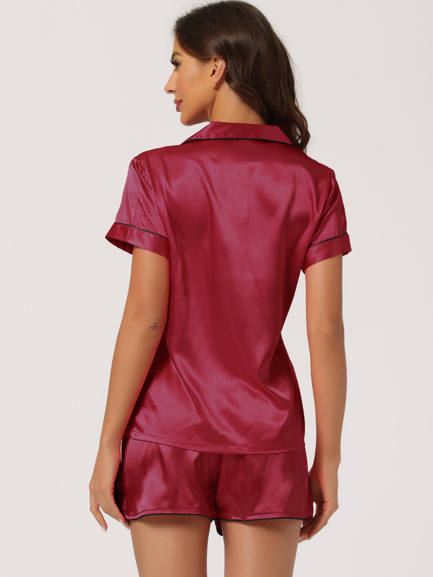Women's Satin Pajamas Sleepshirt Button Down Top with Shorts Silky Lounge Set