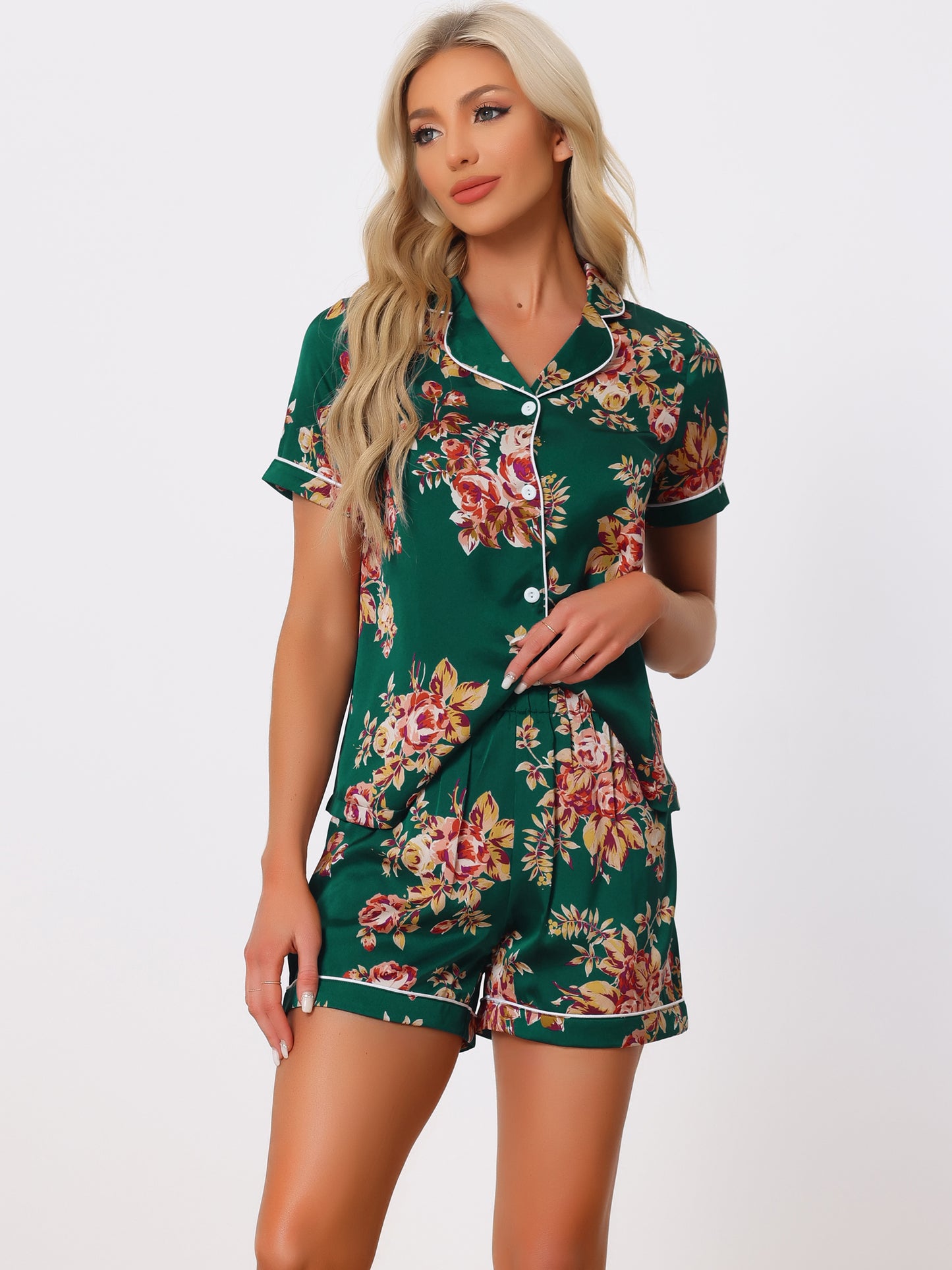 Women's Summer Loungewear Sleepwear Button Down Hawaiian Shirt with Shorts Pajama Set