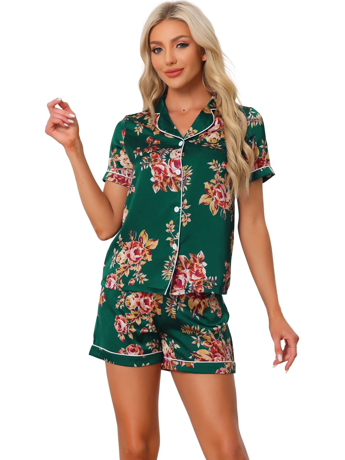 Women's Summer Loungewear Sleepwear Button Down Hawaiian Shirt with Shorts Pajama Set