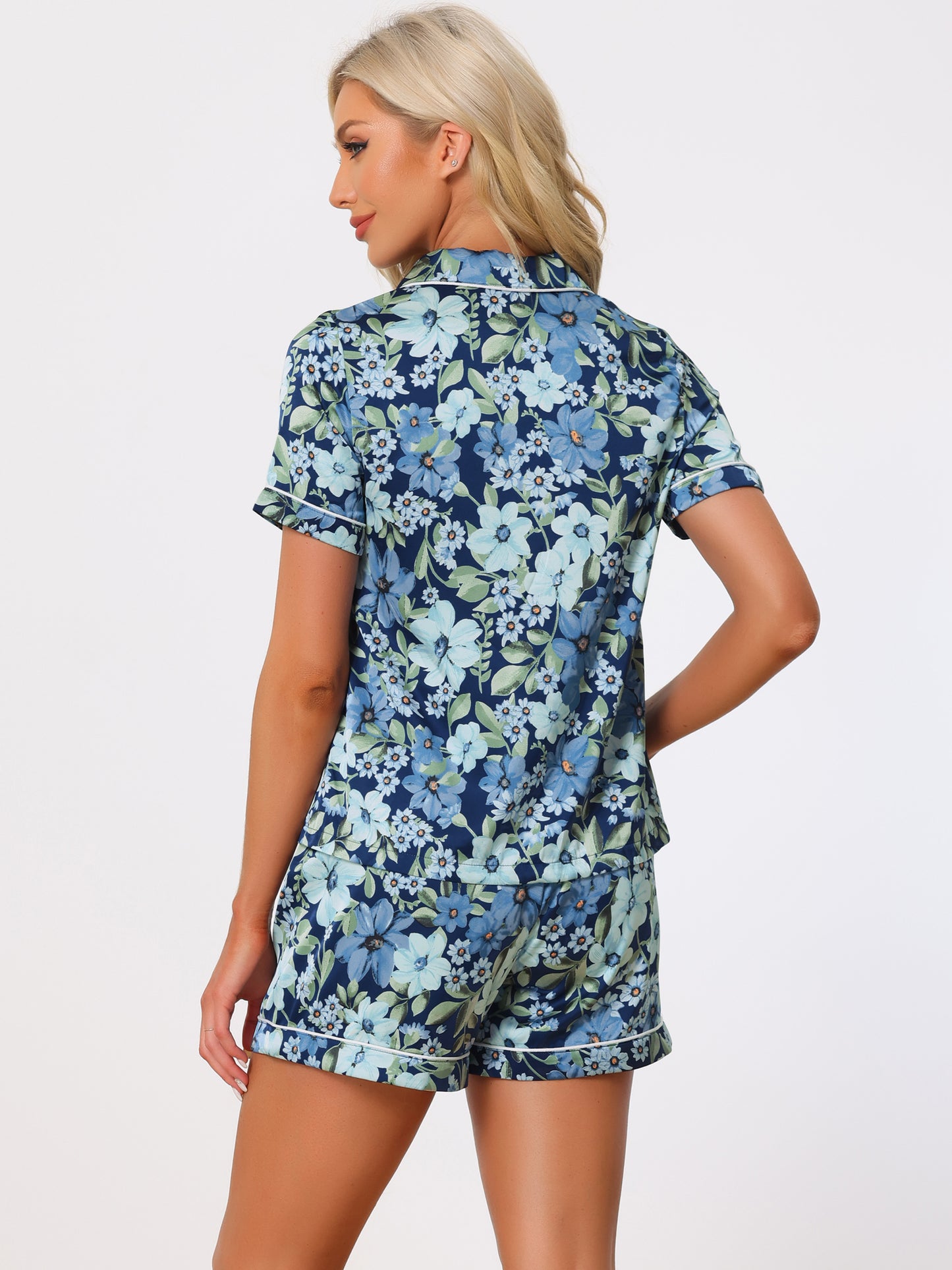 Women's Summer Loungewear Sleepwear Button Down Hawaiian Shirt with Shorts Pajama Set