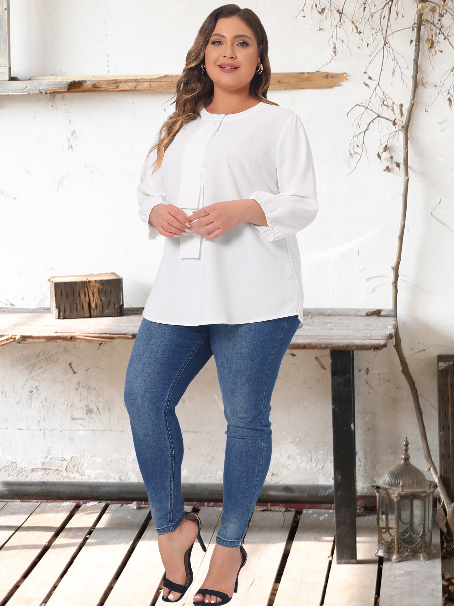 Women Plus Size Top 3/4 Sleeve Work Office Tie Front Ruffle Chiffon Blouse