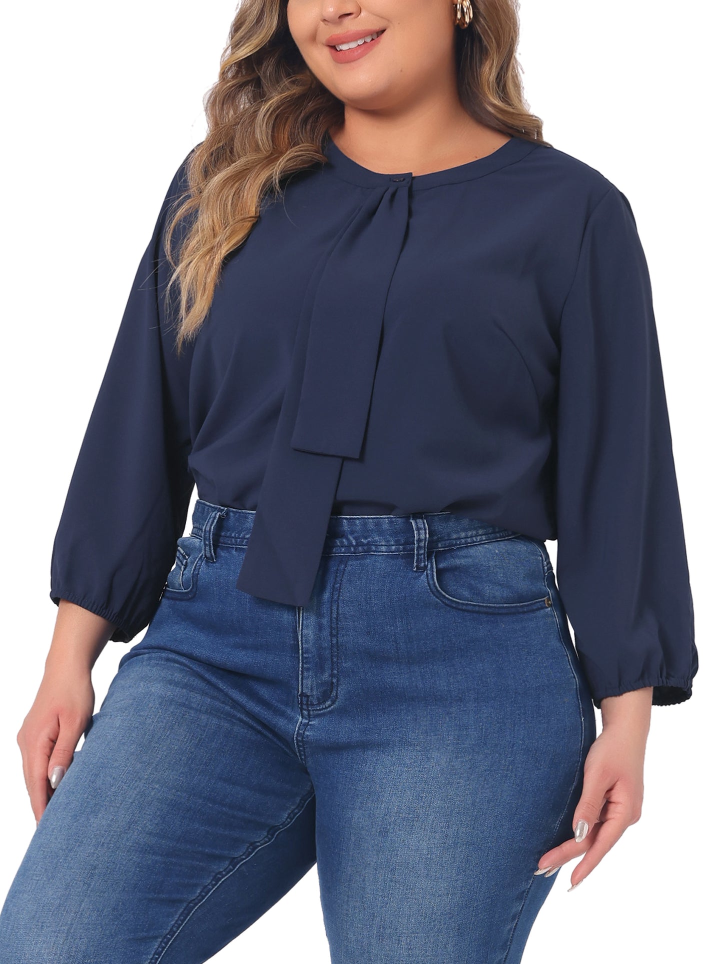 Women Plus Size Top 3/4 Sleeve Work Office Tie Front Ruffle Chiffon Blouse