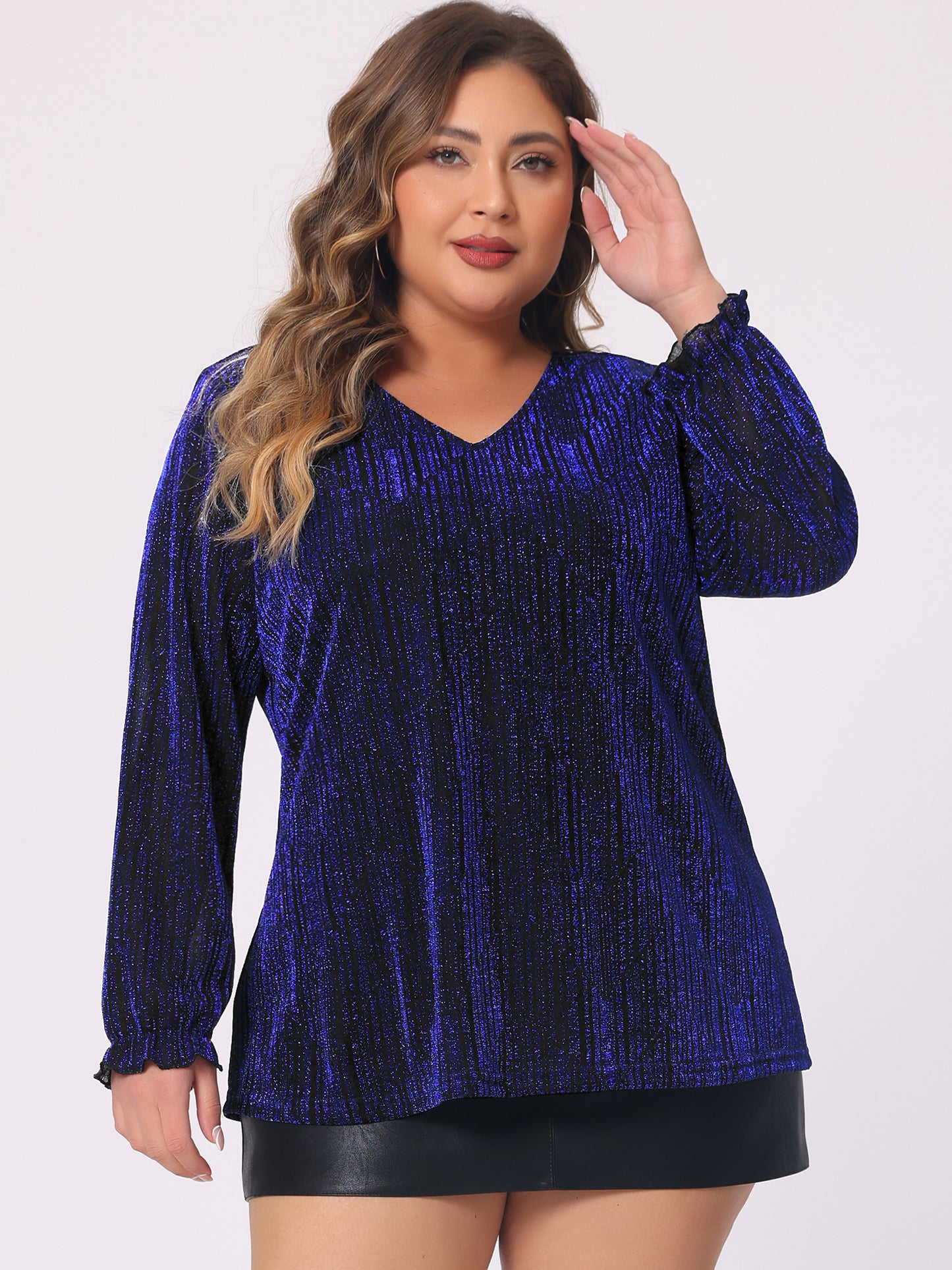 Women's Plus Size Metallic Party Glitter Long Sleeve Shiny Disco Sparkle Top