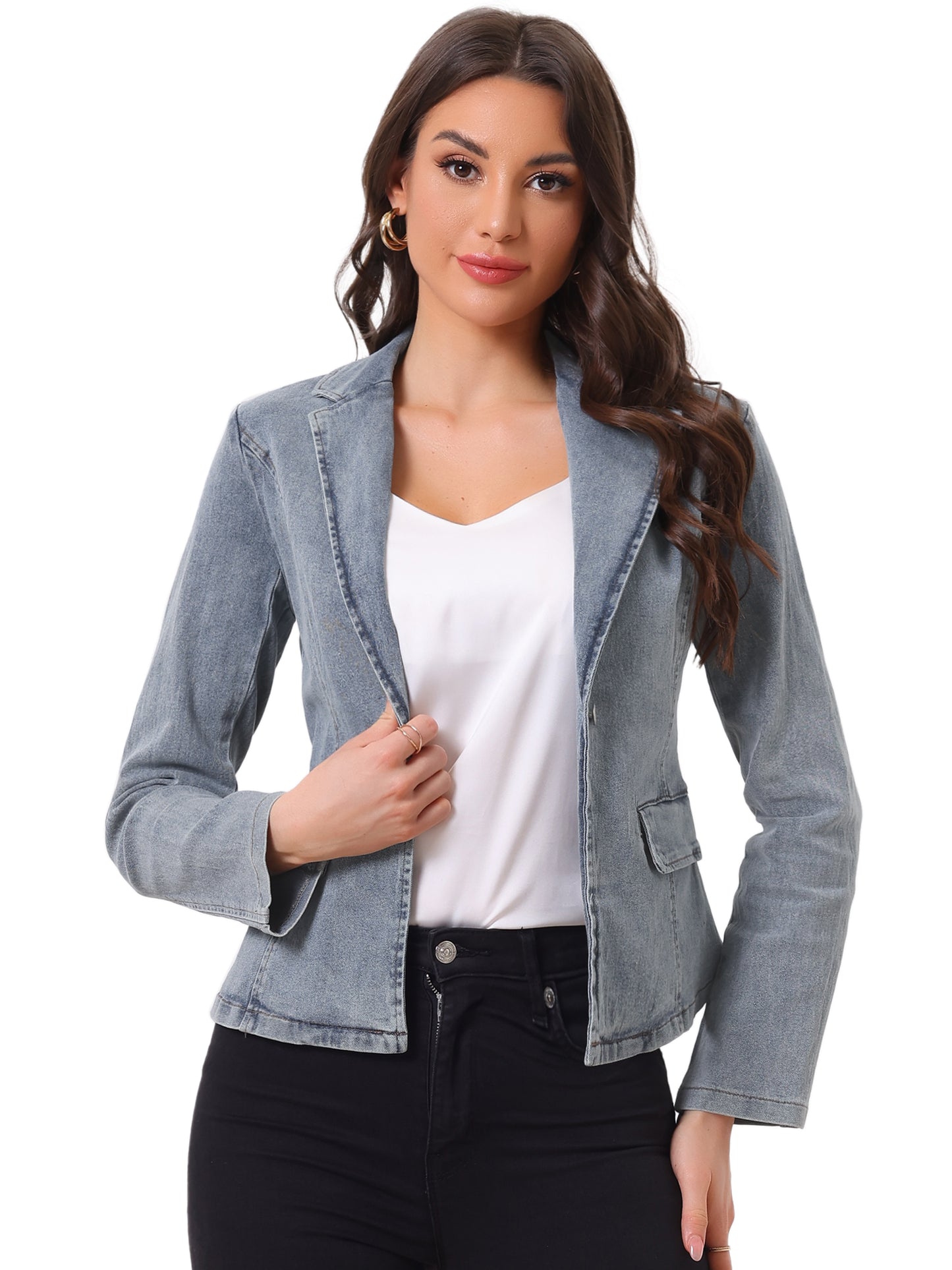 Women's Notched Lapel One Button Long Sleeve Washed Denim Blazer (Available in Plus Size)