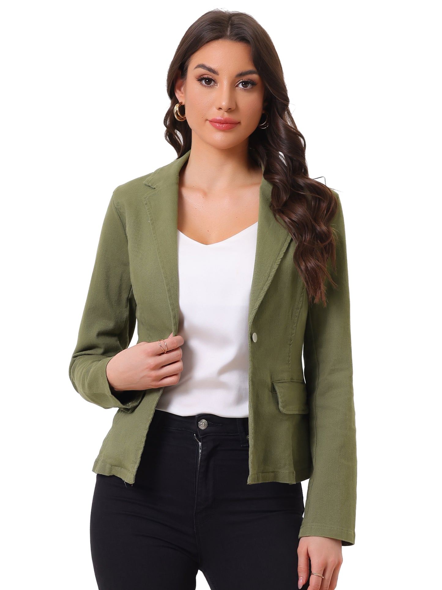 Women's Notched Lapel One Button Long Sleeve Washed Denim Blazer (Available in Plus Size)
