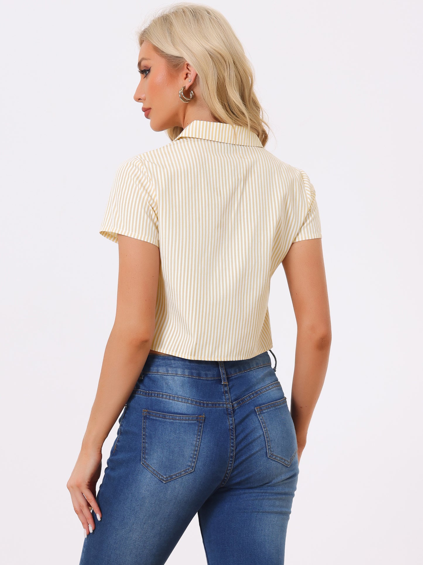 Women's Retro Striped Button Up Short Sleeve Tie Front Crop Shirt