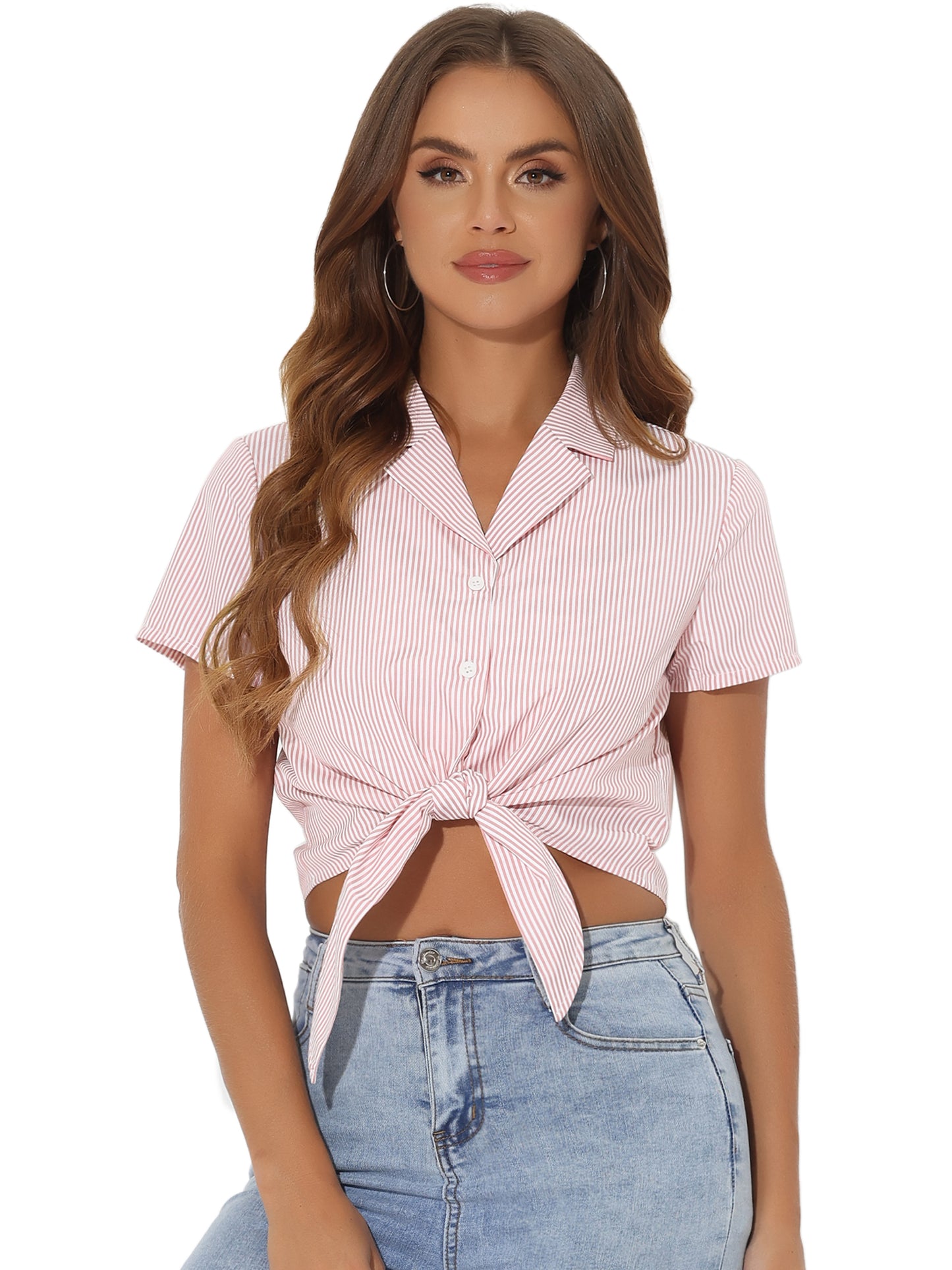 Women's Retro Striped Button Up Short Sleeve Tie Front Crop Shirt