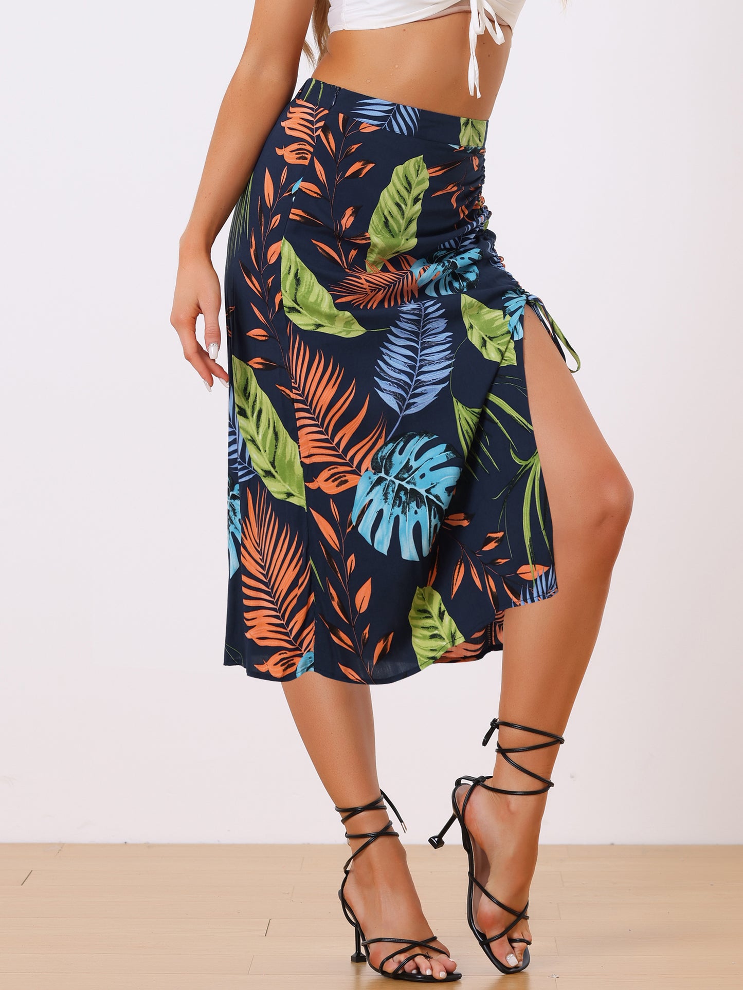 Women's Summer Beach Ruched Split Thigh Tropical Skirt
