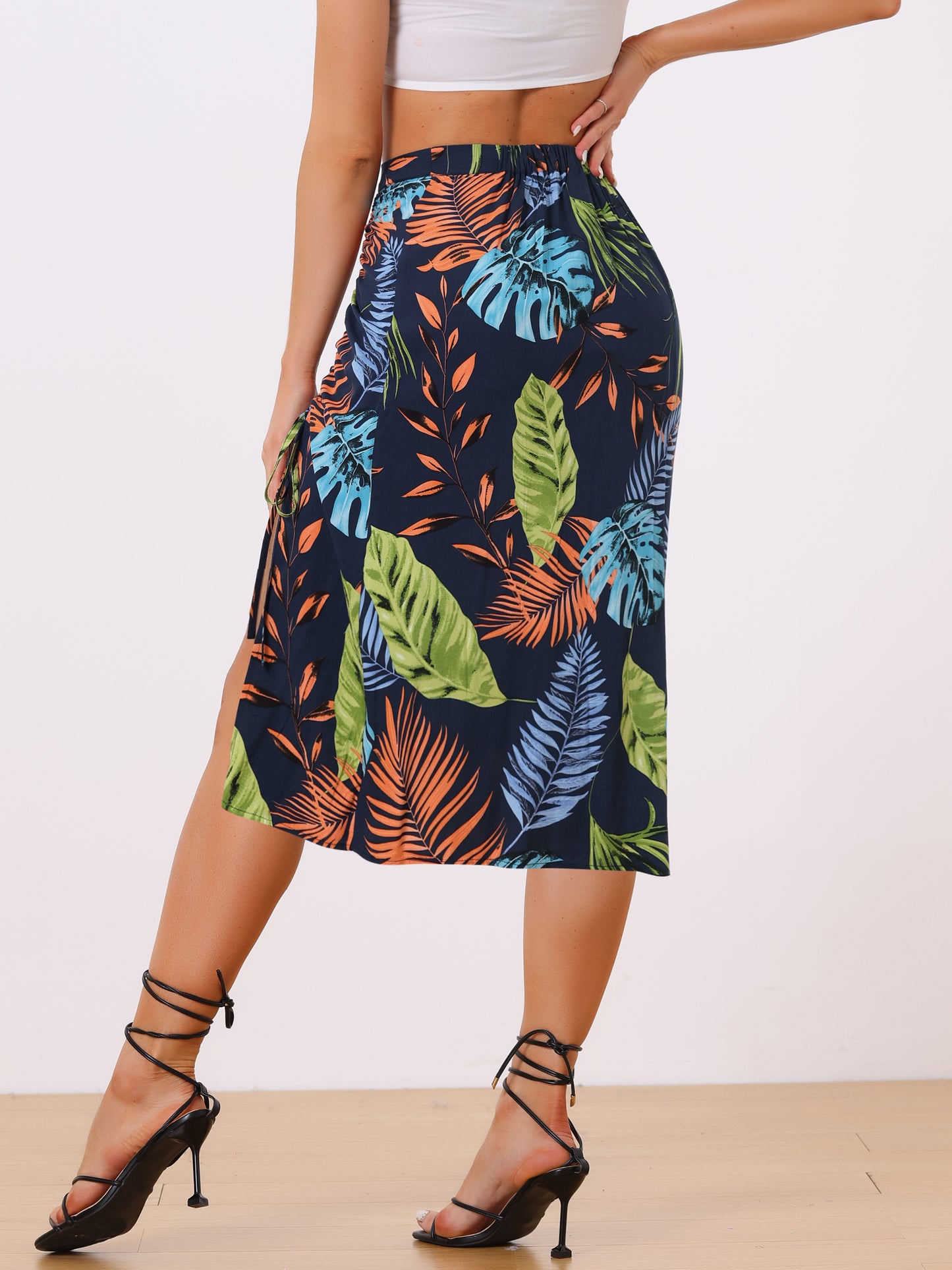 Women's Summer Beach Ruched Split Thigh Tropical Skirt