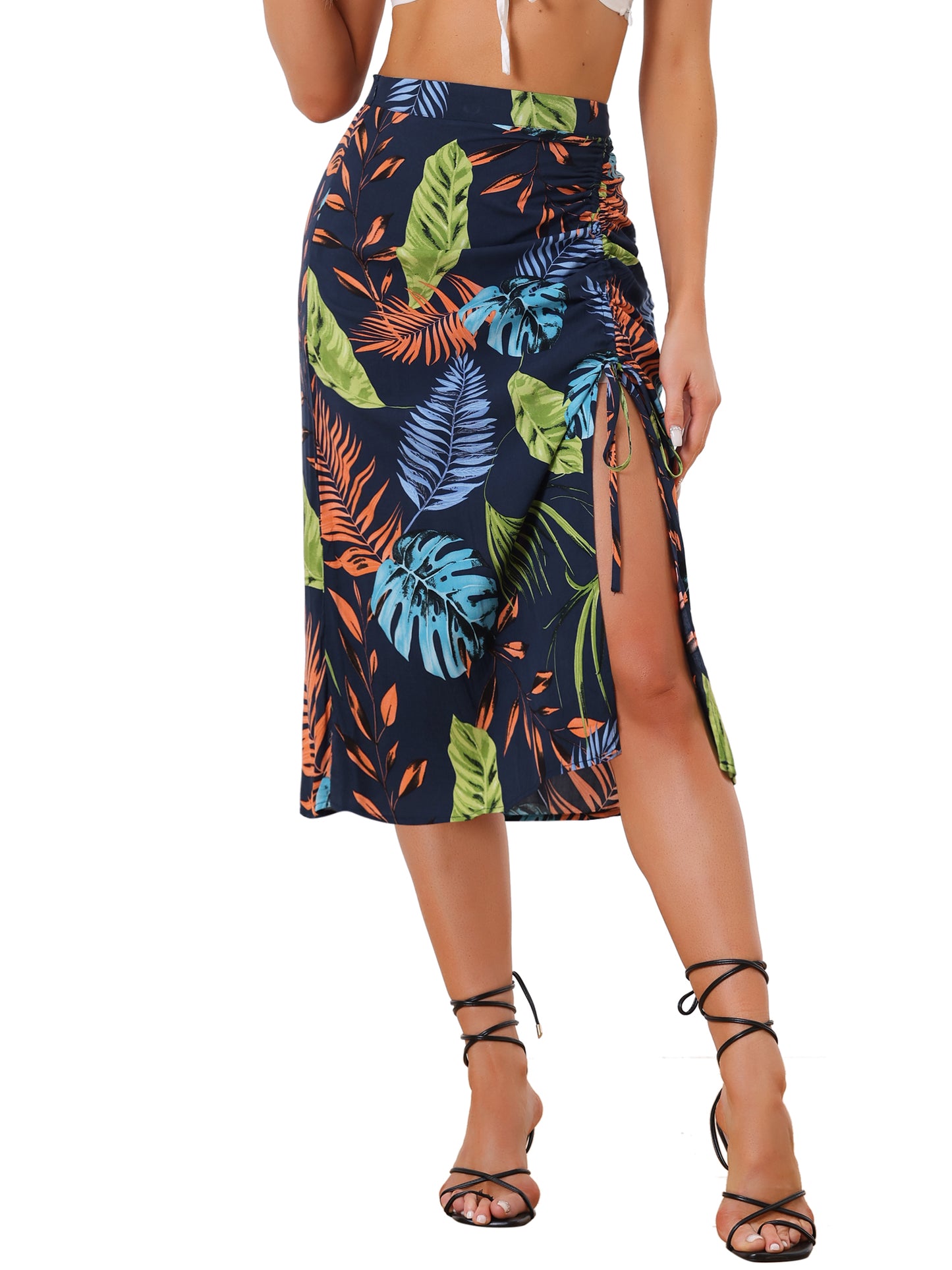 Women's Summer Beach Ruched Split Thigh Tropical Skirt