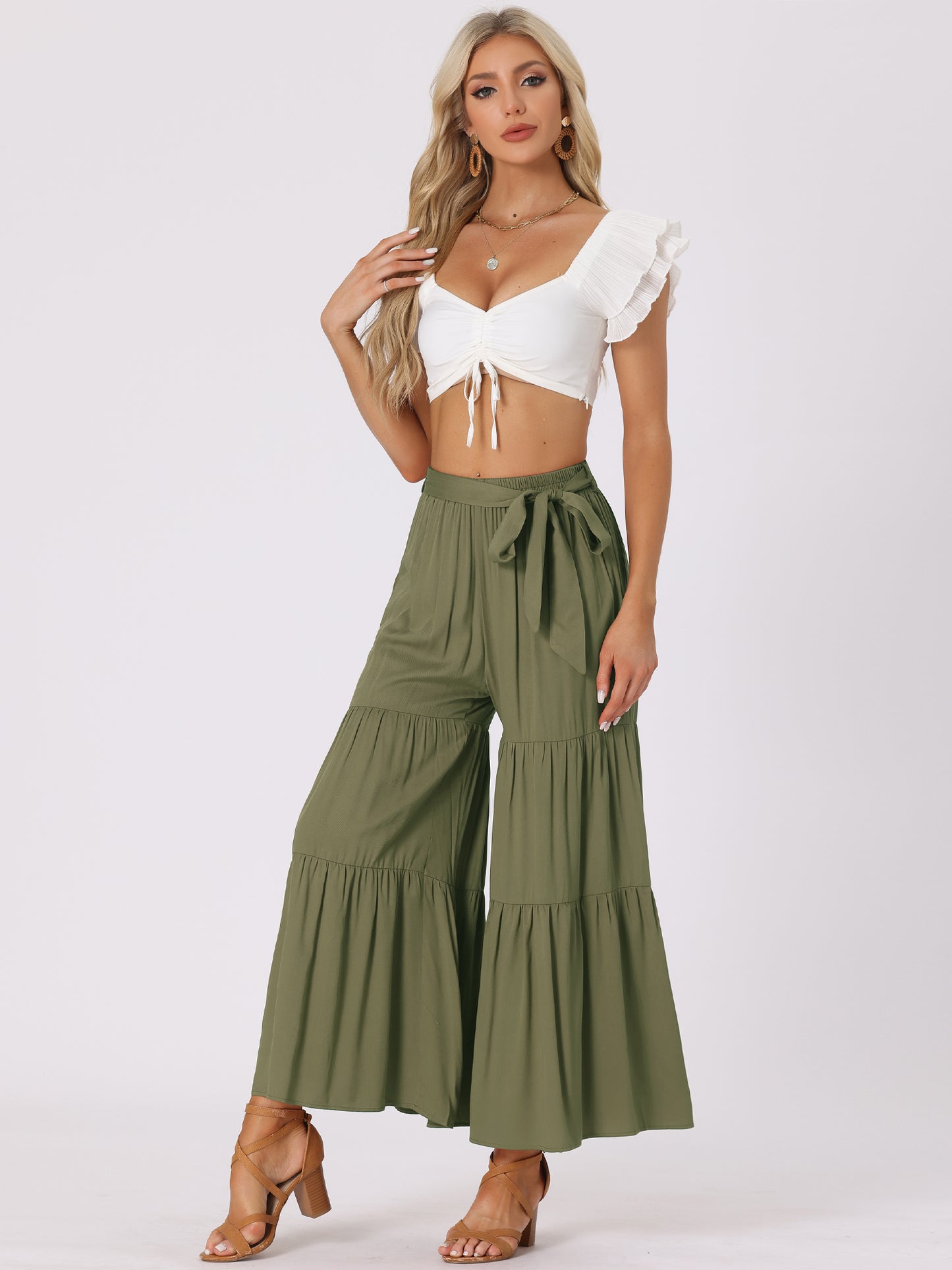 Women's Boho Elastic High Waisted Ruffles Flare Palazzo Wide Leg Pants
