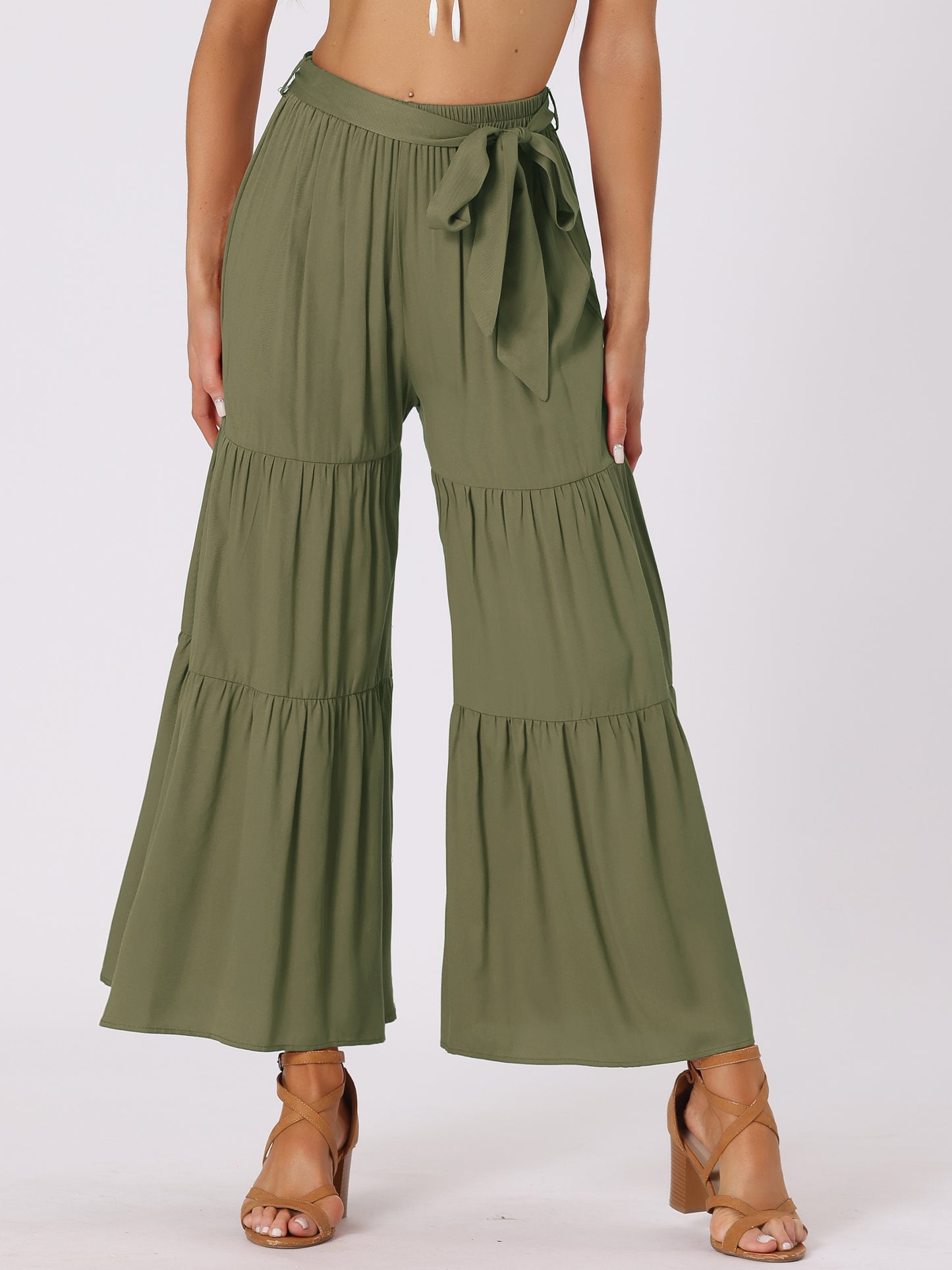 Women's Boho Elastic High Waisted Ruffles Flare Palazzo Wide Leg Pants
