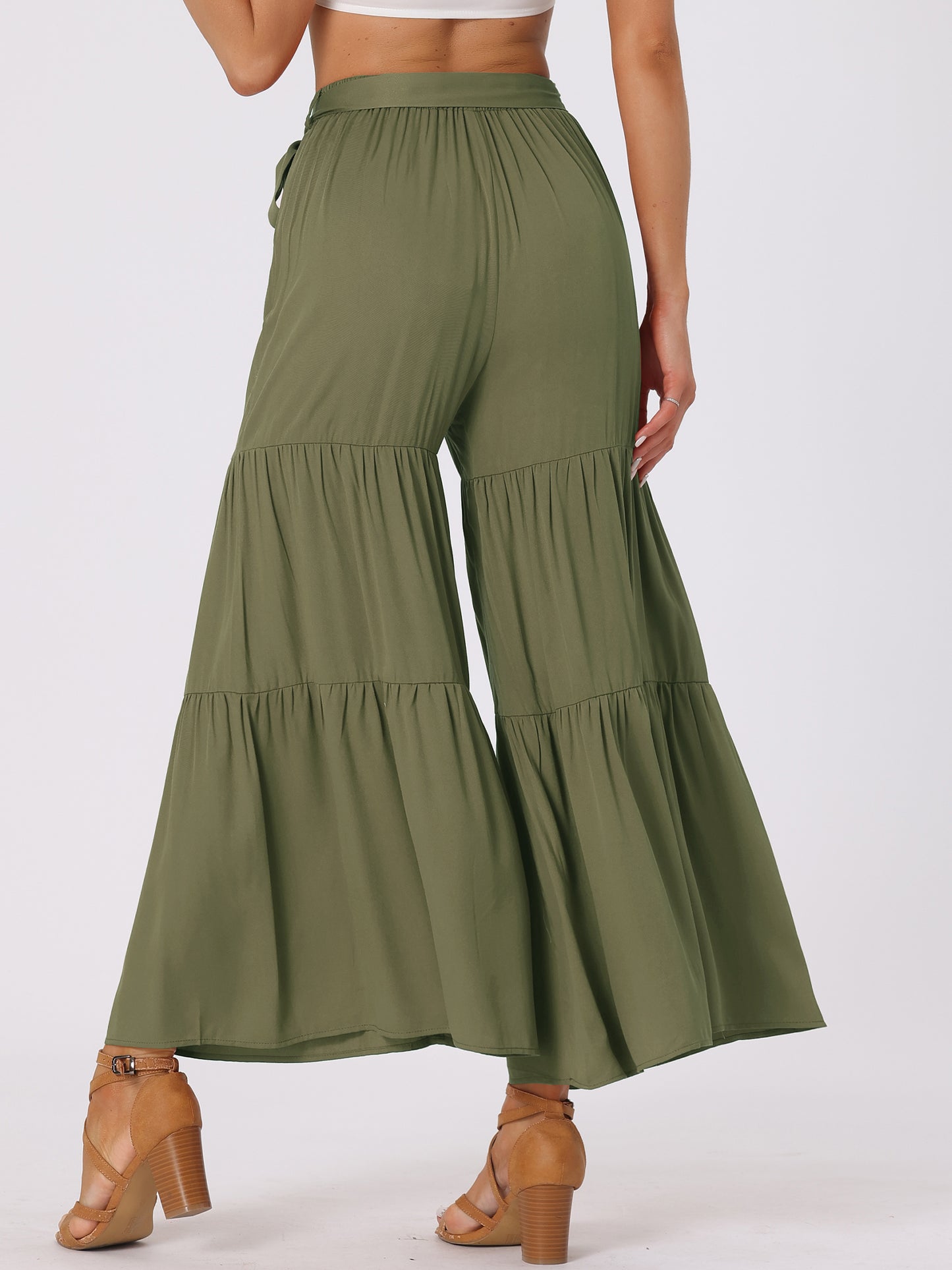 Women's Boho Elastic High Waisted Ruffles Flare Palazzo Wide Leg Pants