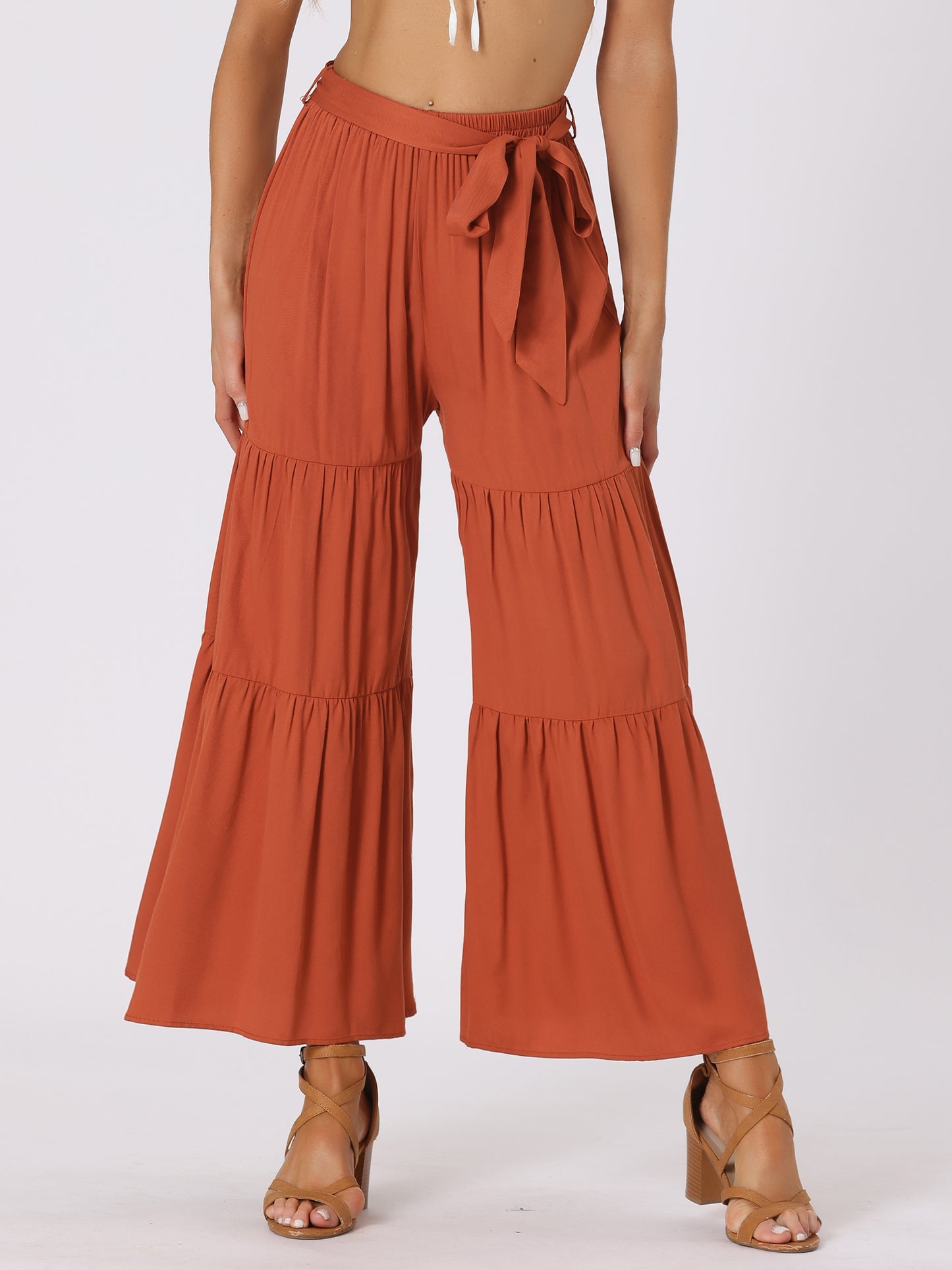 Women's Boho Elastic High Waisted Ruffles Flare Palazzo Wide Leg Pants