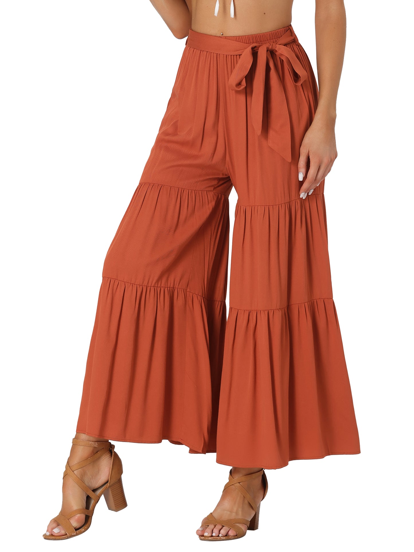 Women's Boho Elastic High Waisted Ruffles Flare Palazzo Wide Leg Pants