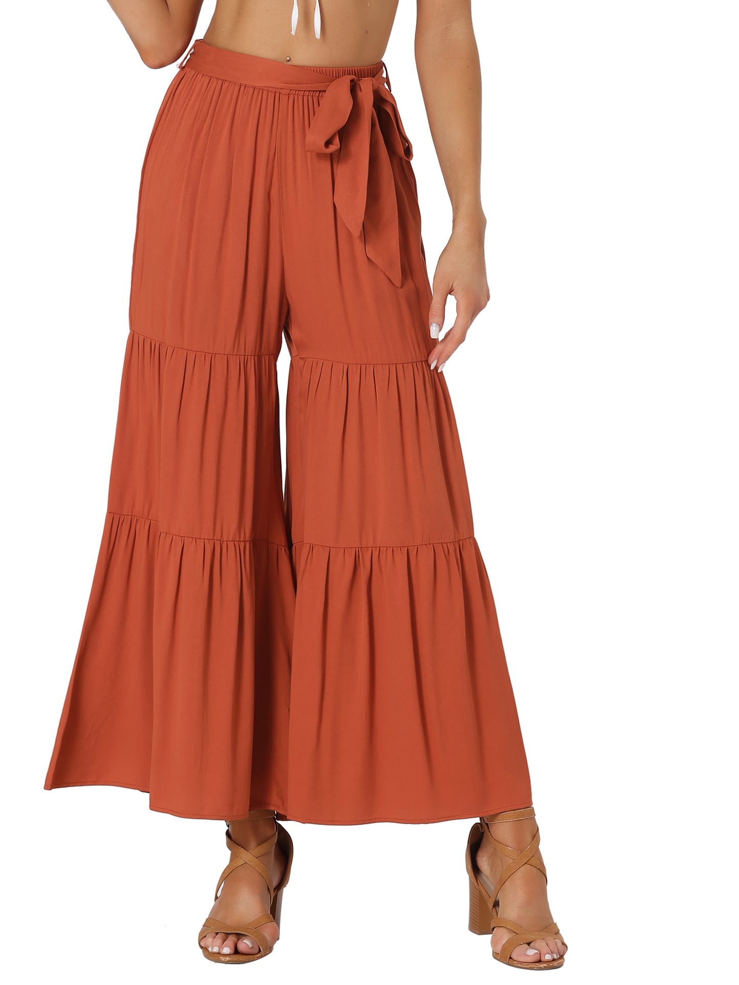 Women's Boho Elastic High Waisted Ruffles Flare Palazzo Wide Leg Pants