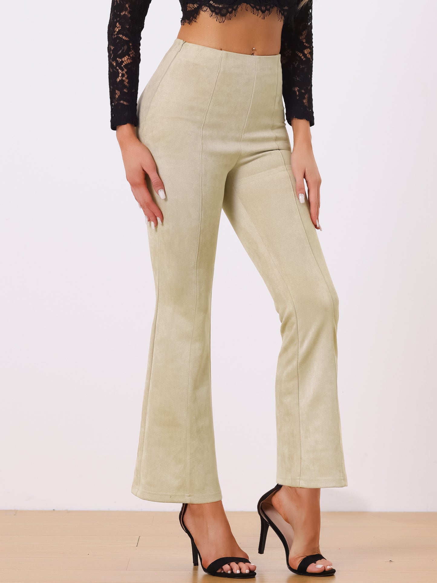 Women's Faux Suede Pants Business Casual Wide Legs Bell Bottom Flared Trousers