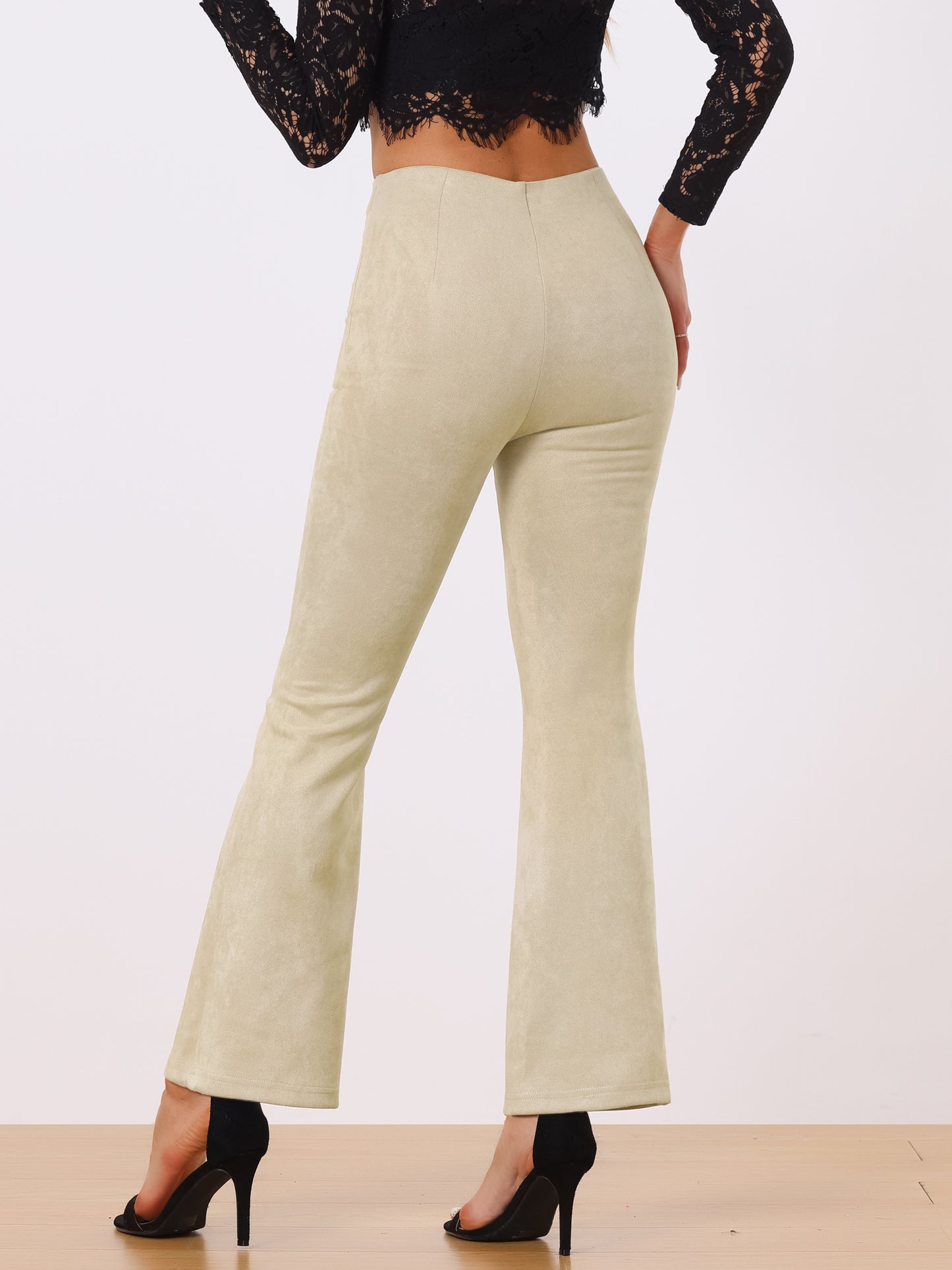 Women's Faux Suede Pants Business Casual Wide Legs Bell Bottom Flared Trousers