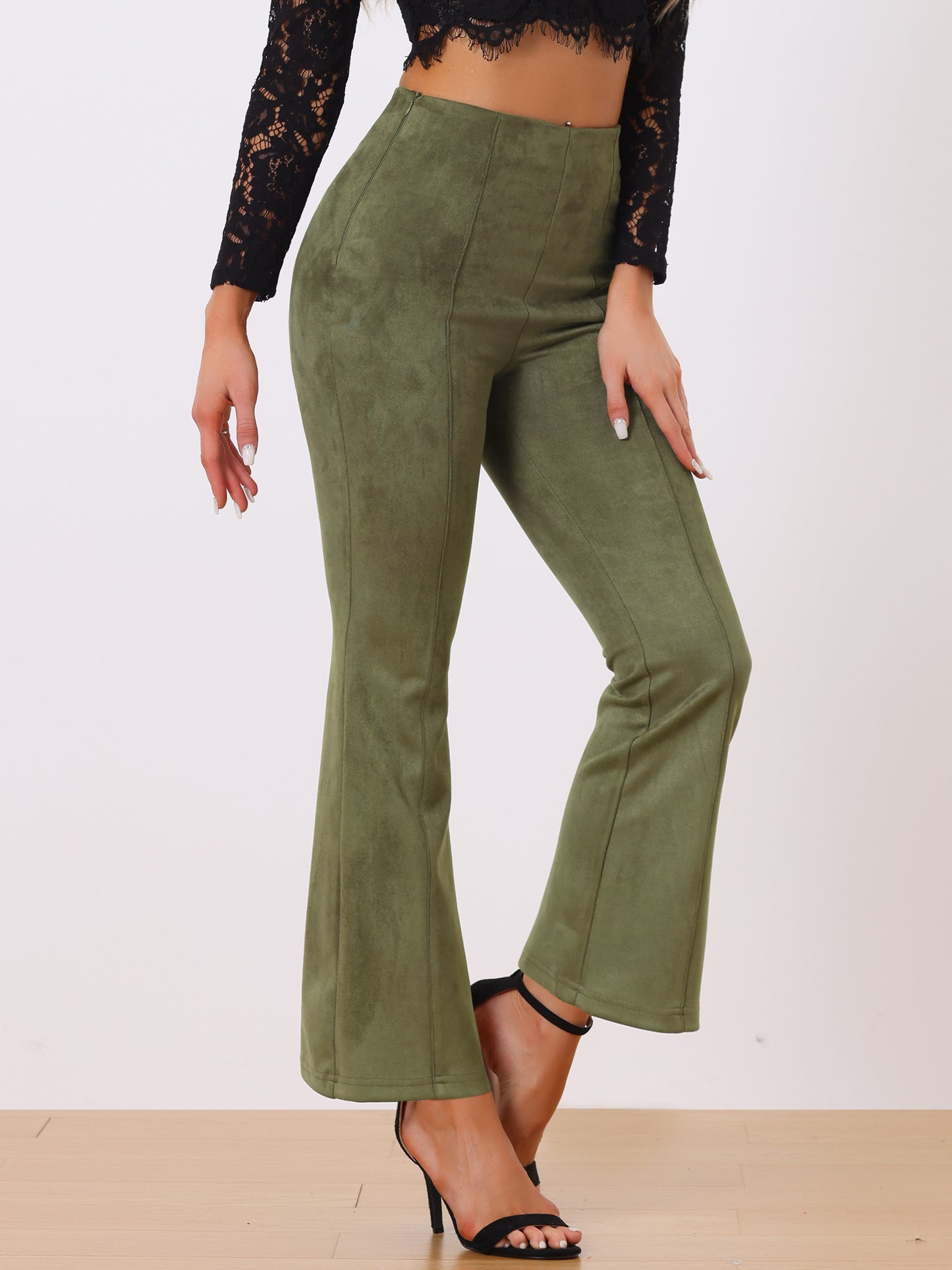 Women's Faux Suede Pants Business Casual Wide Legs Bell Bottom Flared Trousers