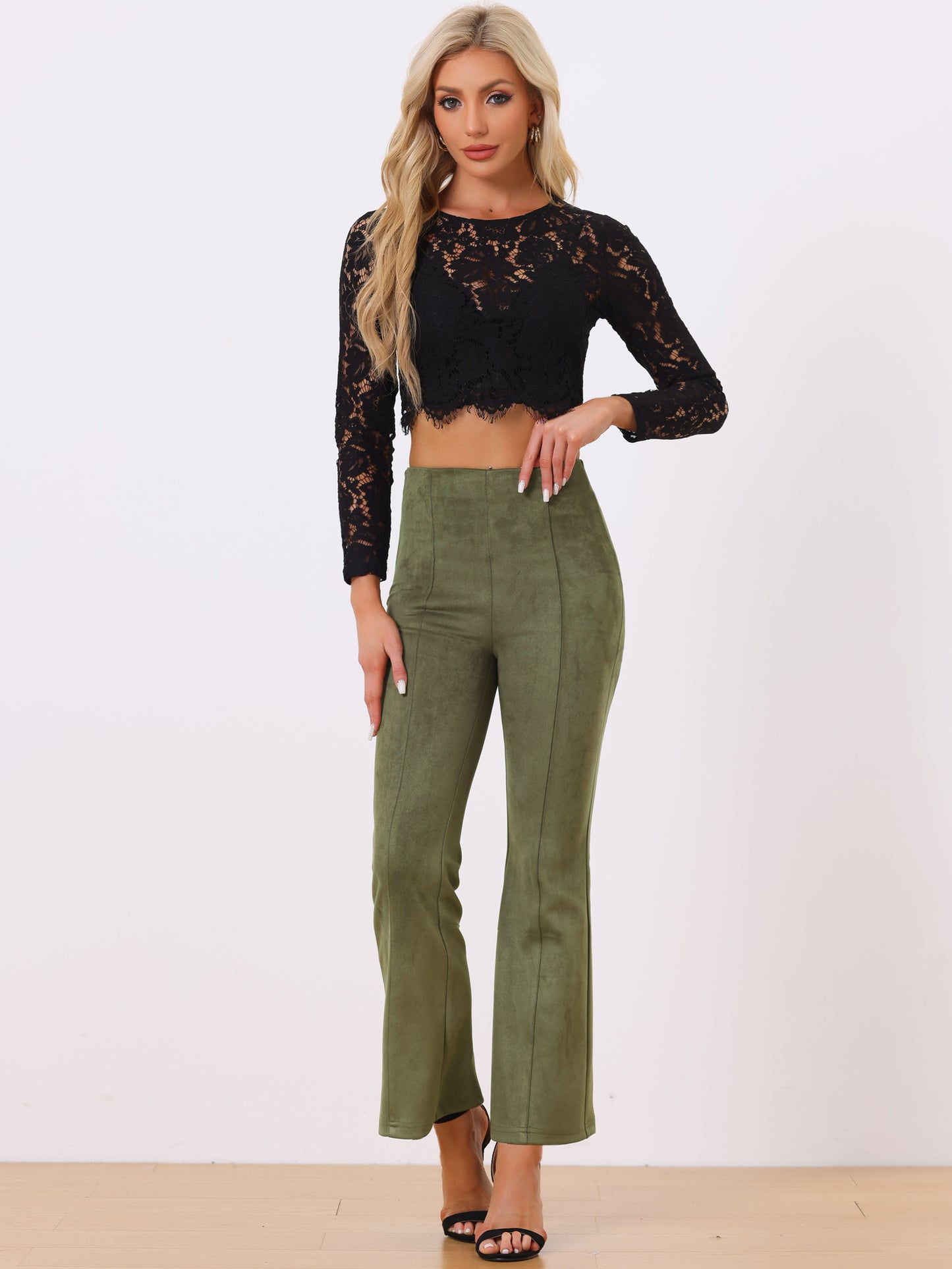 Women's Faux Suede Pants Business Casual Wide Legs Bell Bottom Flared Trousers