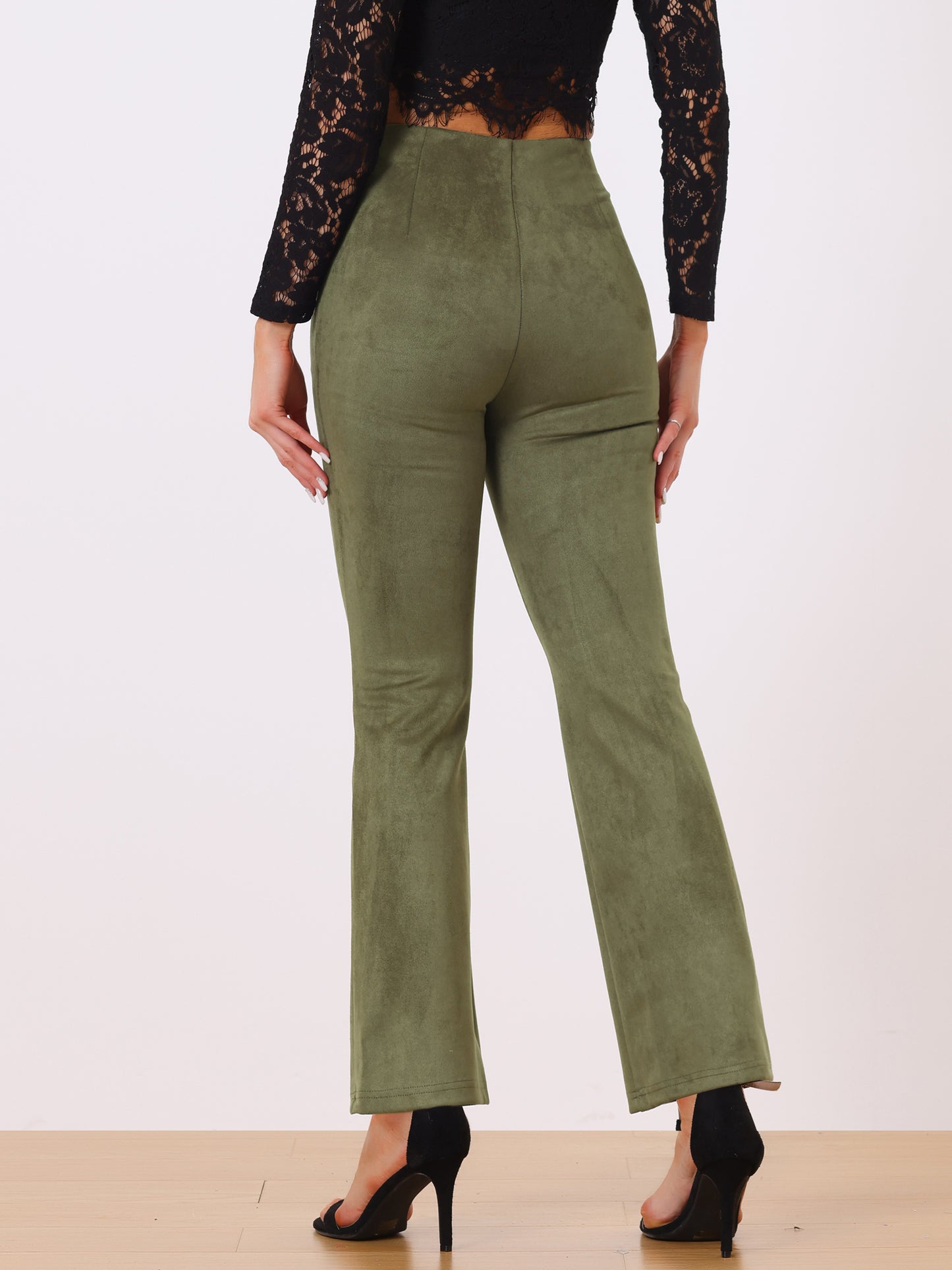Women's Faux Suede Pants Business Casual Wide Legs Bell Bottom Flared Trousers