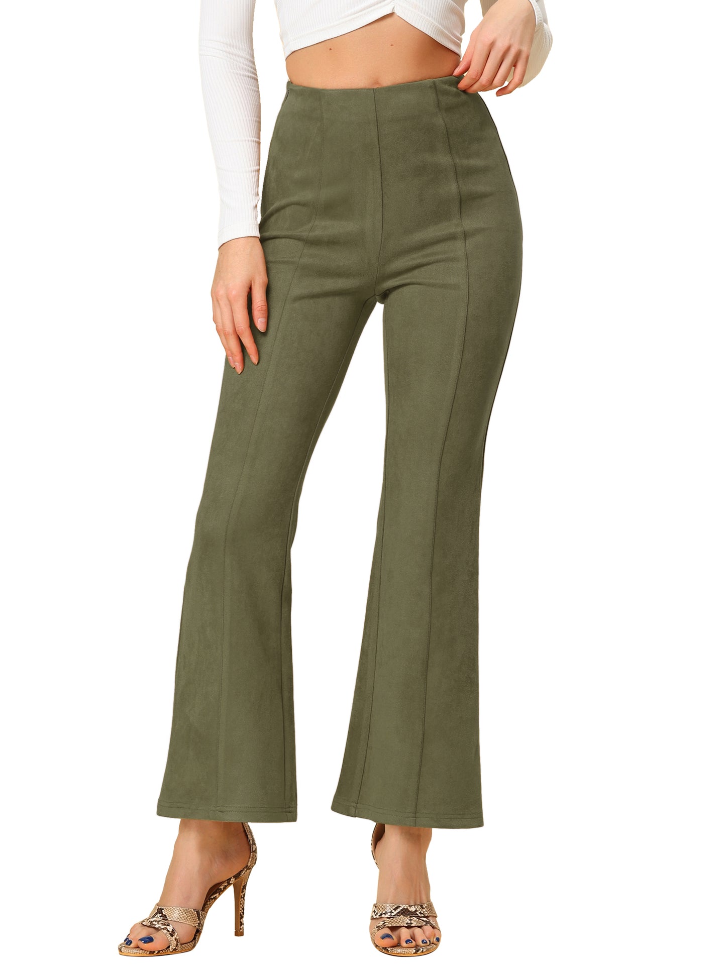 Women's Faux Suede Pants Business Casual Wide Legs Bell Bottom Flared Trousers