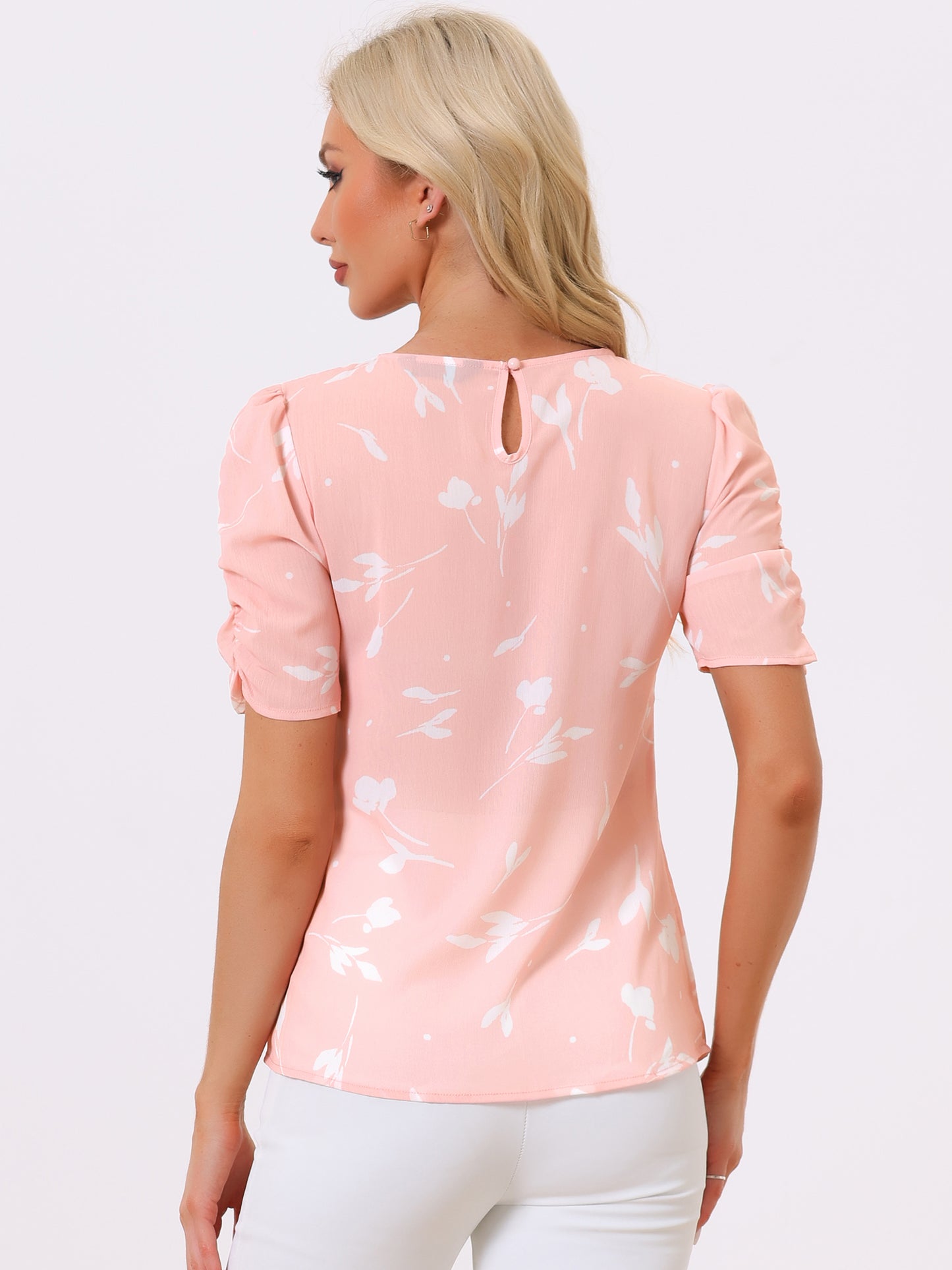 Women's Floral Crew Neck Summer Shirred Short Sleeve Blouse