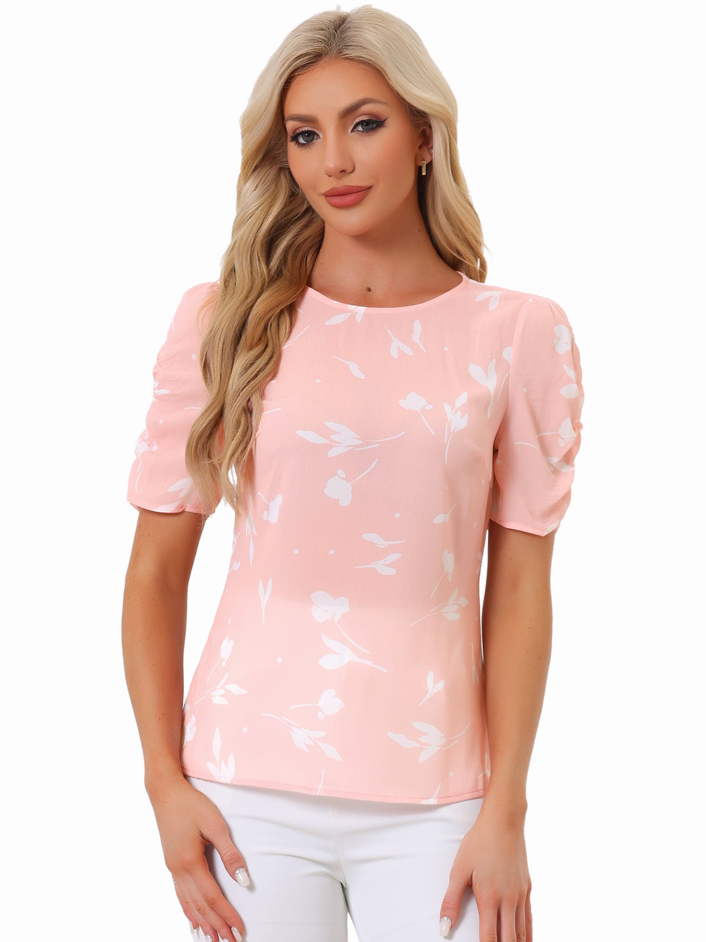 Women's Floral Crew Neck Summer Shirred Short Sleeve Blouse