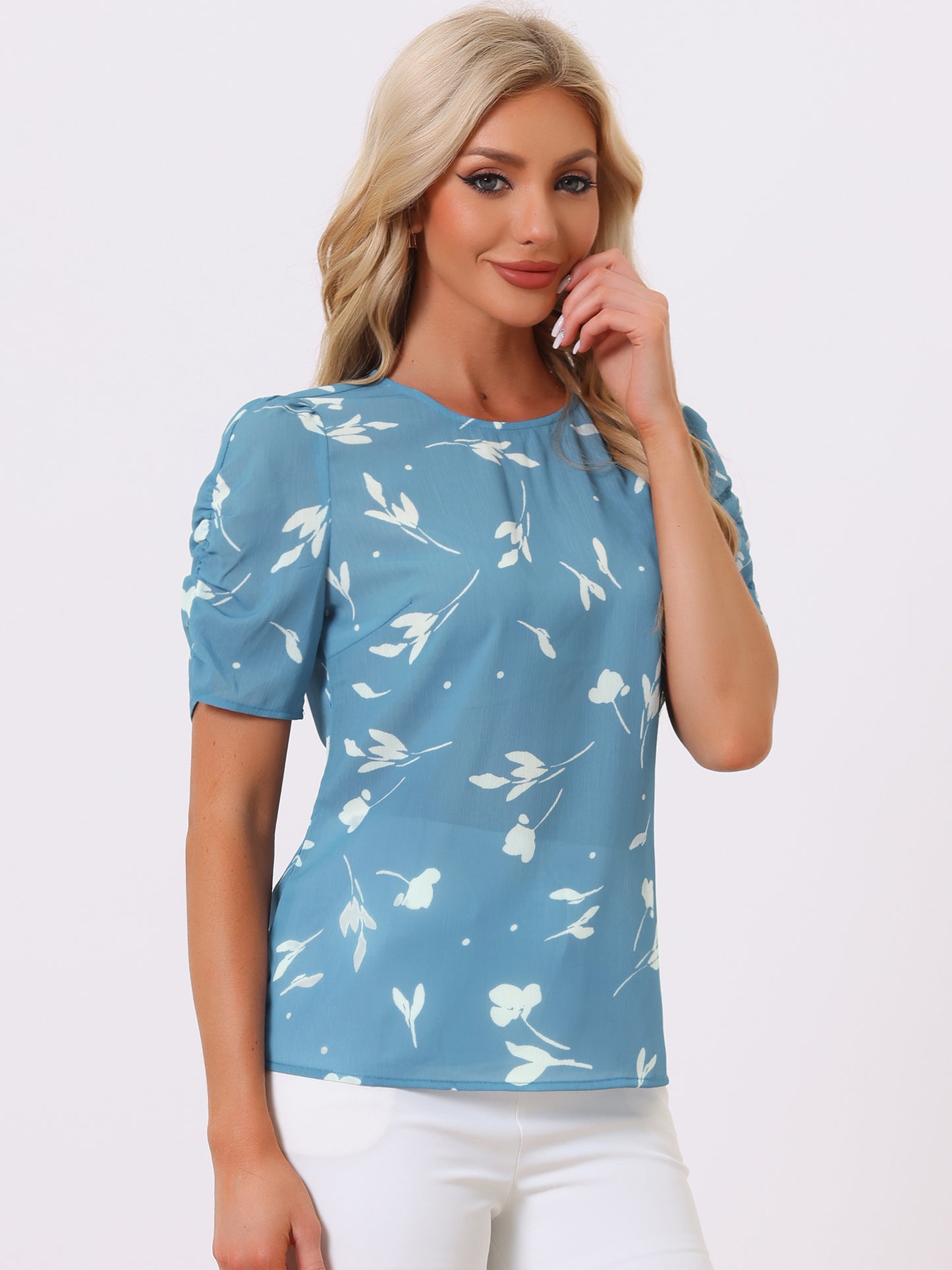 Women's Floral Crew Neck Summer Shirred Short Sleeve Blouse