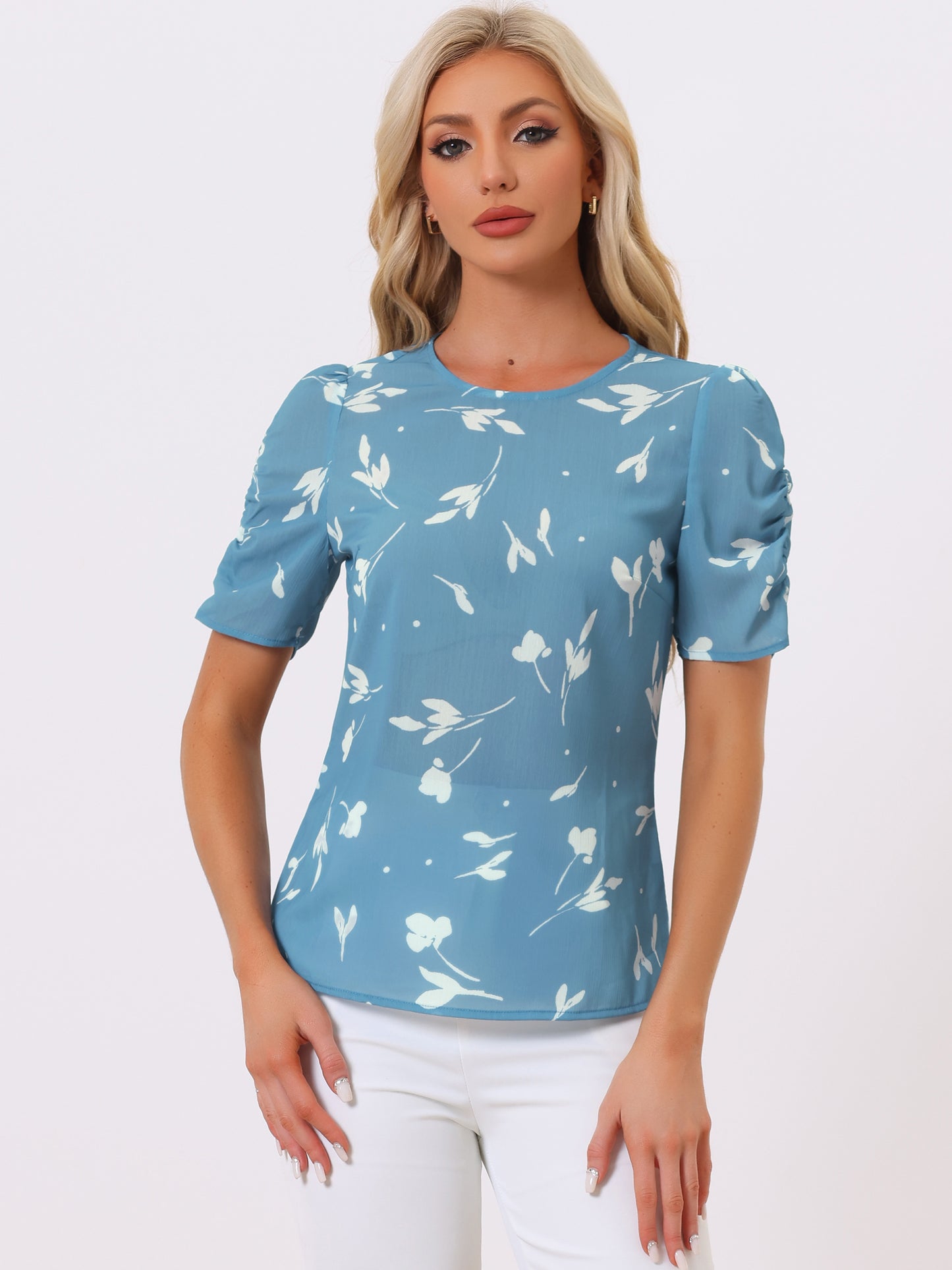 Women's Floral Crew Neck Summer Shirred Short Sleeve Blouse