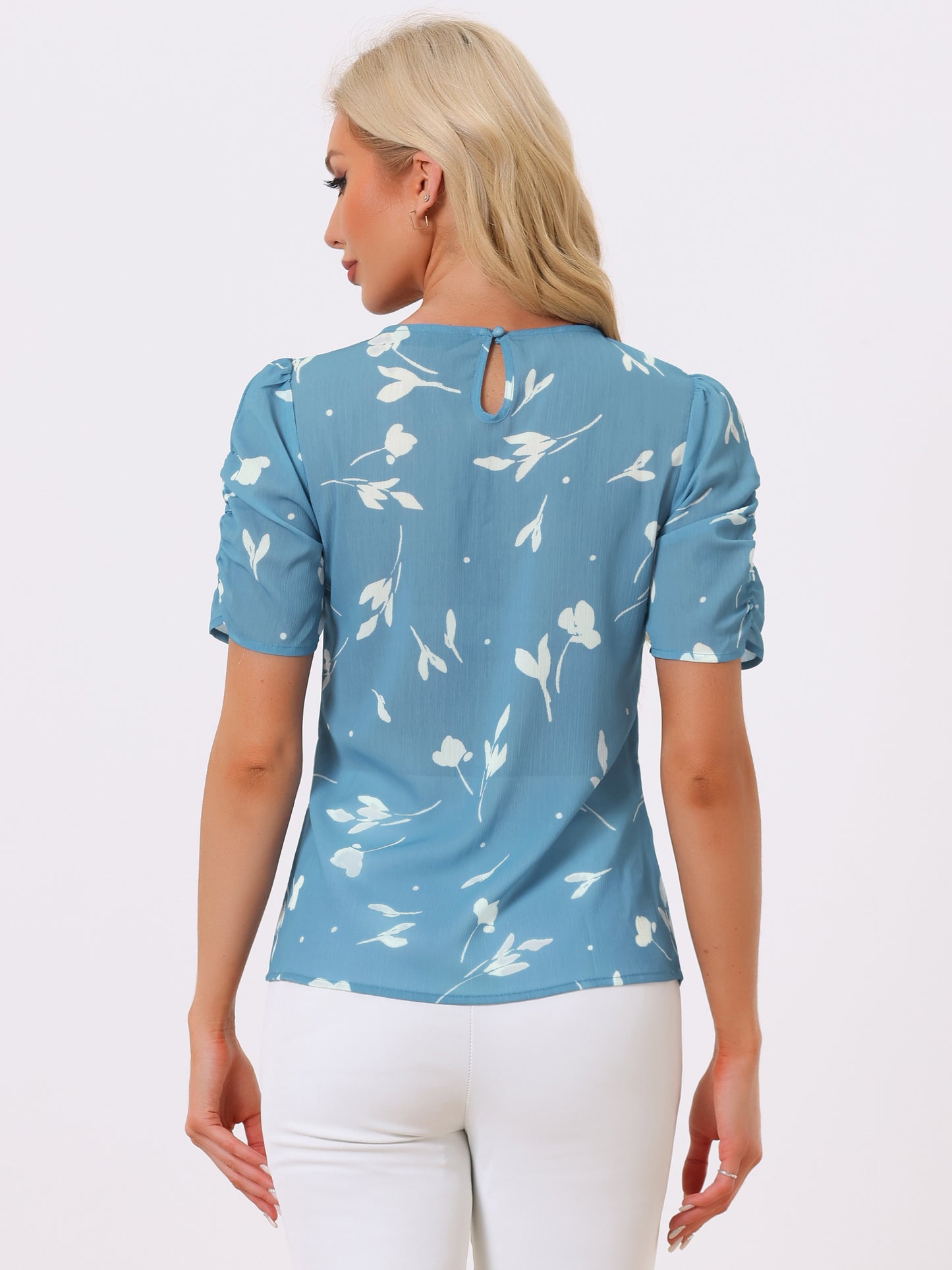 Women's Floral Crew Neck Summer Shirred Short Sleeve Blouse