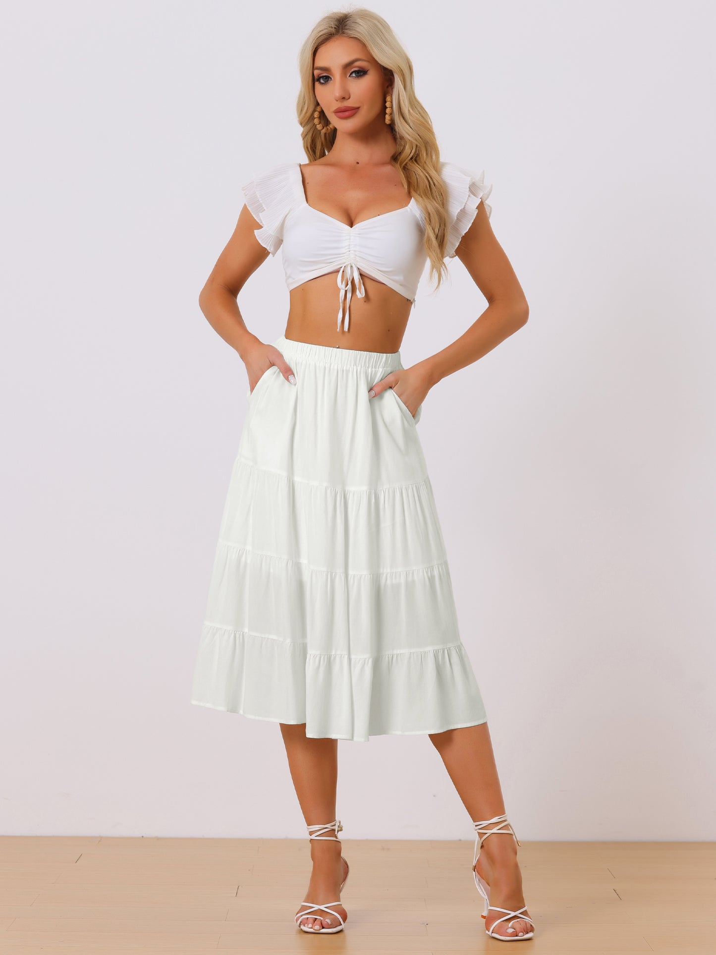Faldas midi para mujer, estilo bohemio, plisadas, con vuelo, con cintura elástica, largas, con bolsillos