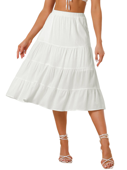 Women's Midi Skirts Flare Tiered Pleated Boho Solid Elastic Waist Long A-Line Skirt with Pockets