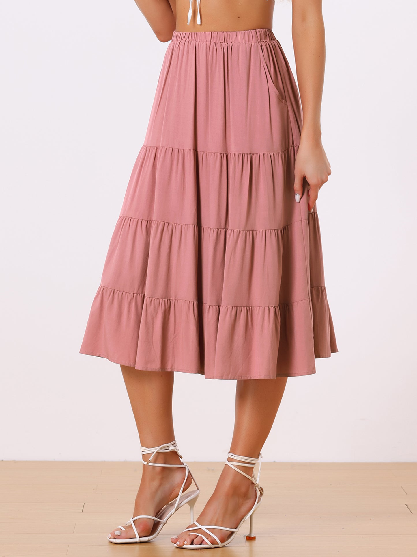 Faldas midi para mujer, estilo bohemio, plisadas, con vuelo, con cintura elástica, largas, con bolsillos
