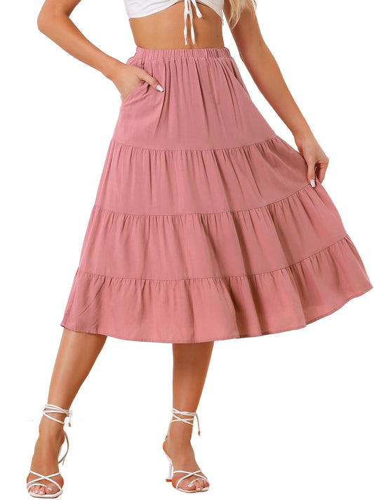 Women's Midi Skirts Flare Tiered Pleated Boho Solid Elastic Waist Long A-Line Skirt with Pockets