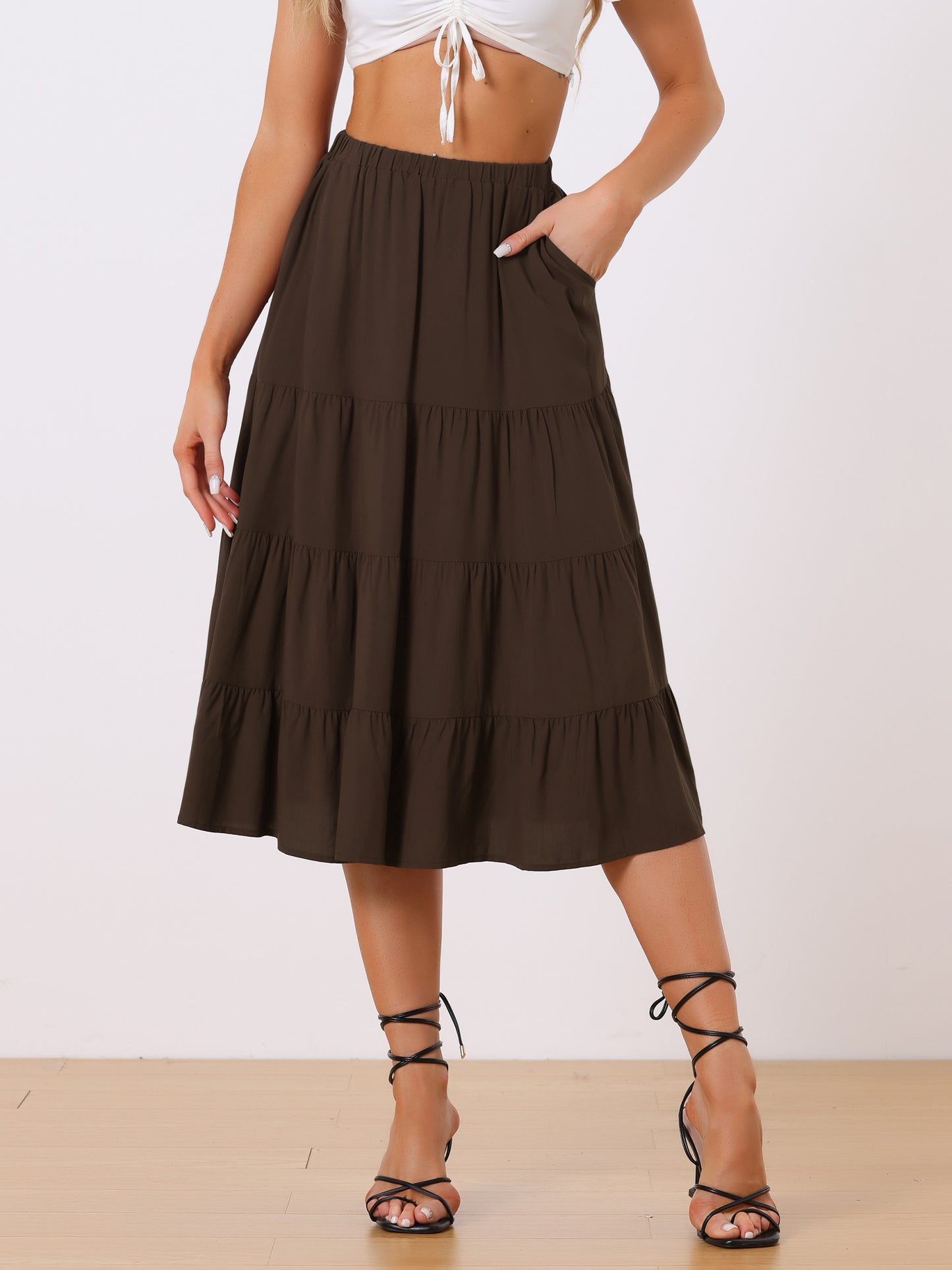 Faldas midi para mujer, estilo bohemio, plisadas, con vuelo, con cintura elástica, largas, con bolsillos