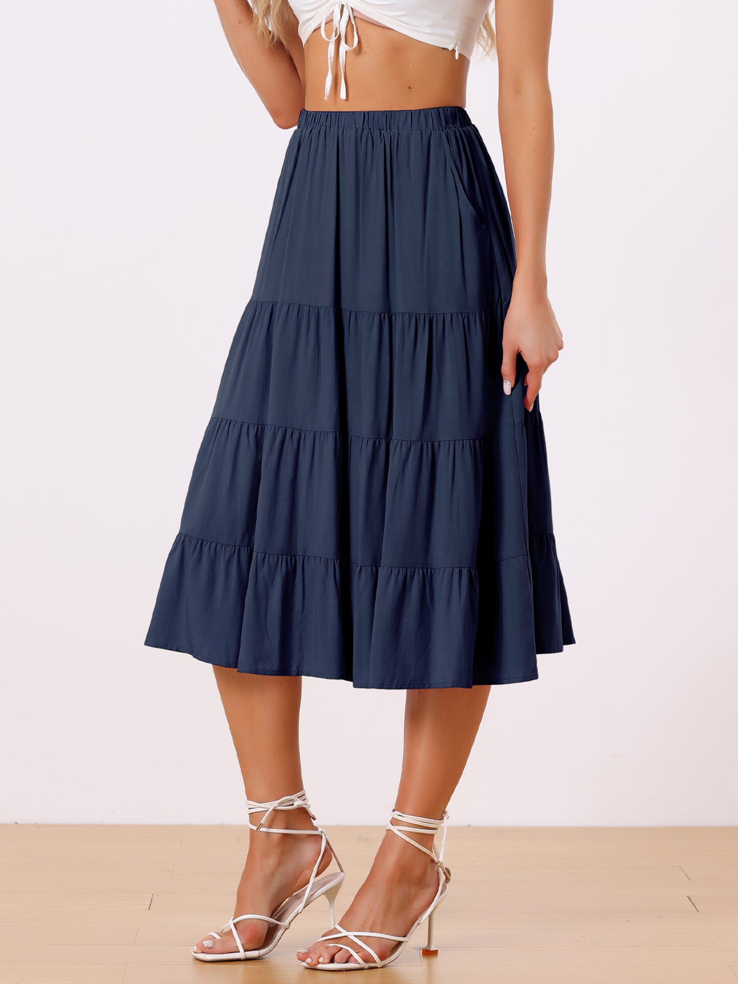 Women's Midi Skirts Flare Tiered Pleated Boho Solid Elastic Waist Long A-Line Skirt with Pockets