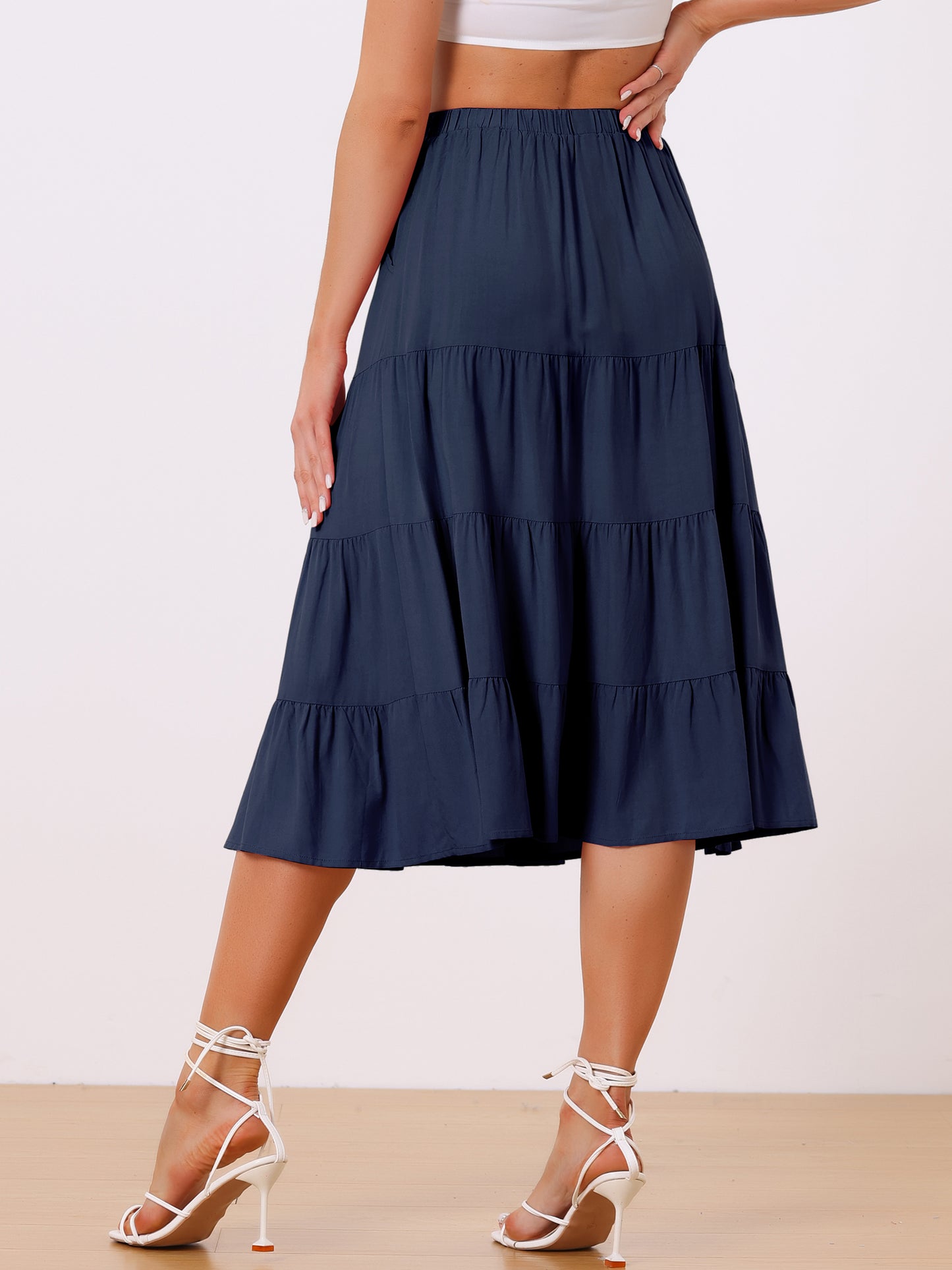 Women's Midi Skirts Flare Tiered Pleated Boho Solid Elastic Waist Long A-Line Skirt with Pockets