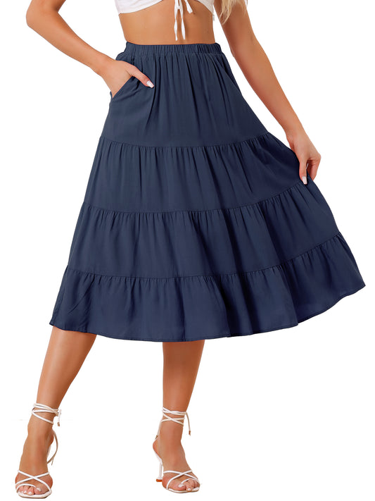 Women's Midi Skirts Flare Tiered Pleated Boho Solid Elastic Waist Long A-Line Skirt with Pockets