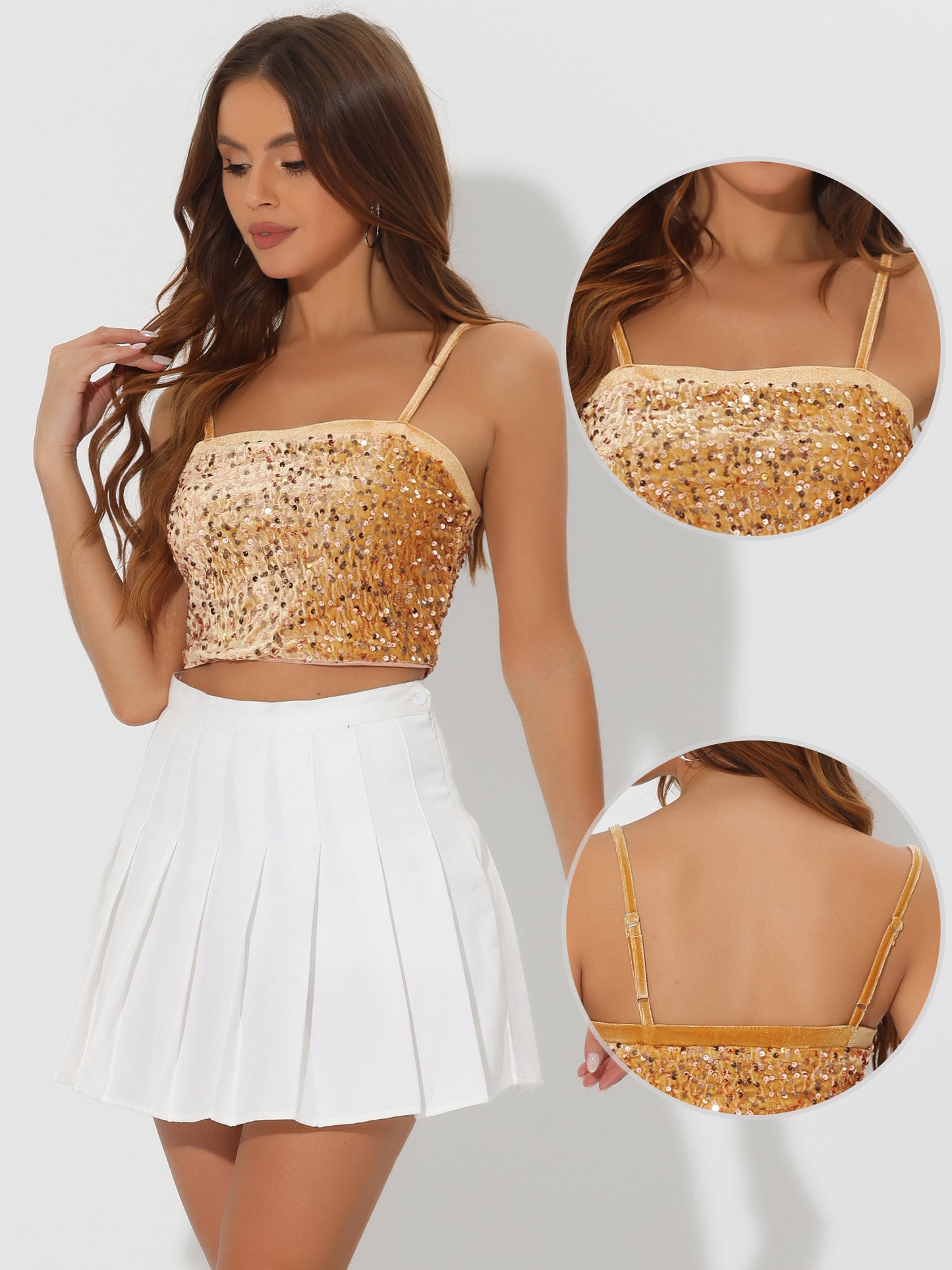 Top corto de tirantes finos de terciopelo con lentejuelas para mujer para fiesta en club
