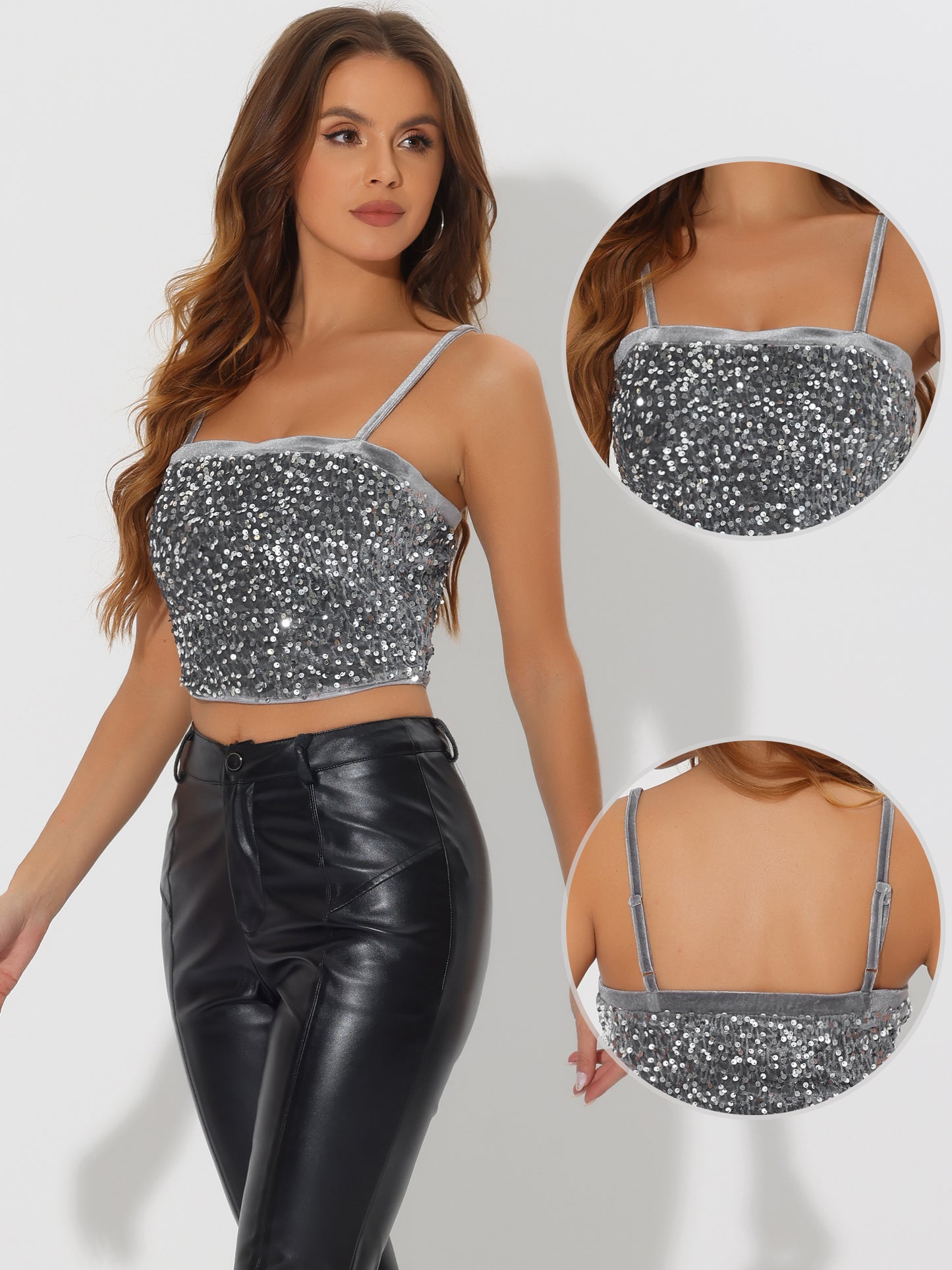 Top corto de tirantes finos de terciopelo con lentejuelas para mujer para fiesta en club