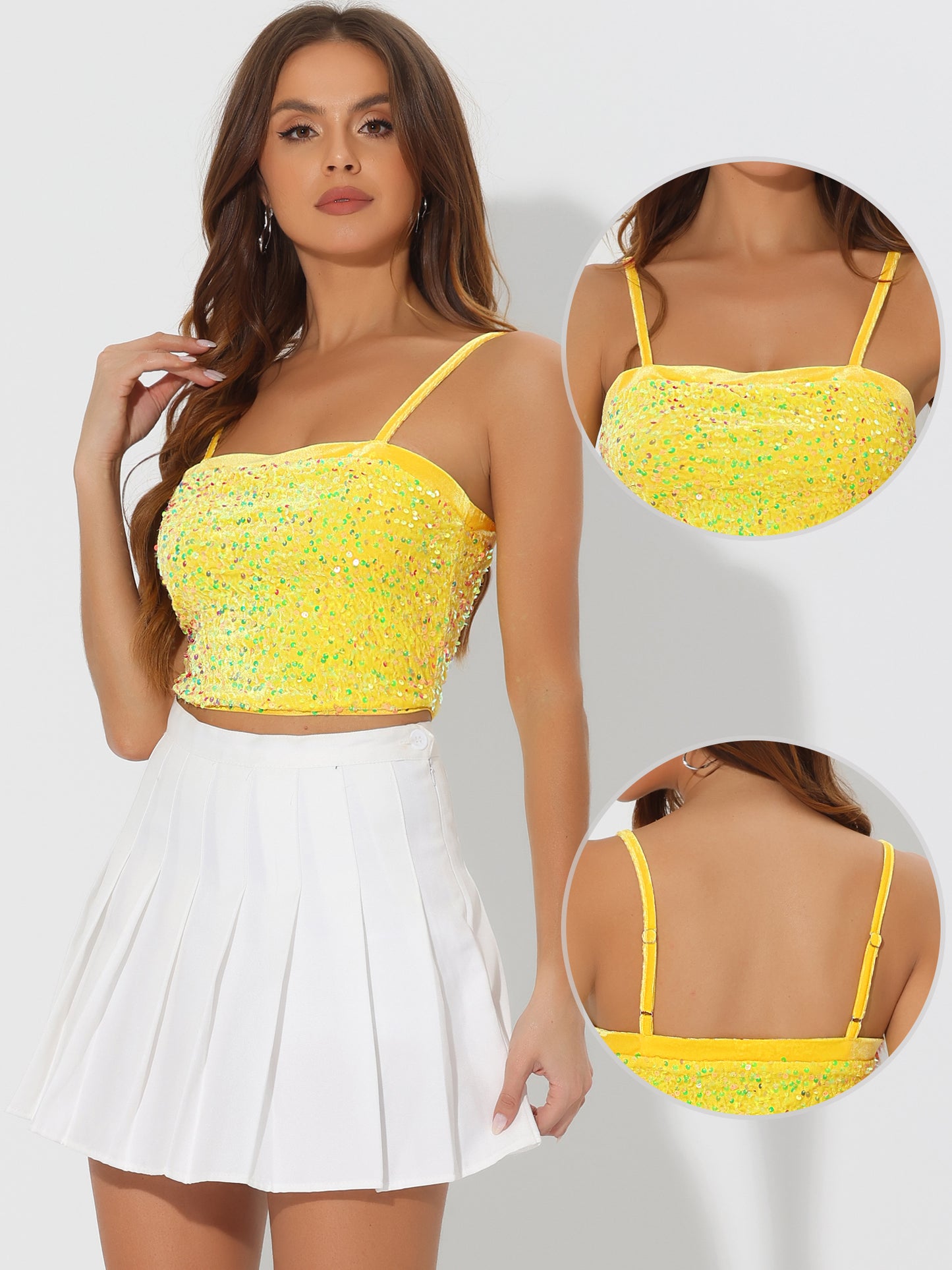 Top corto de tirantes finos de terciopelo con lentejuelas para mujer para fiesta en club