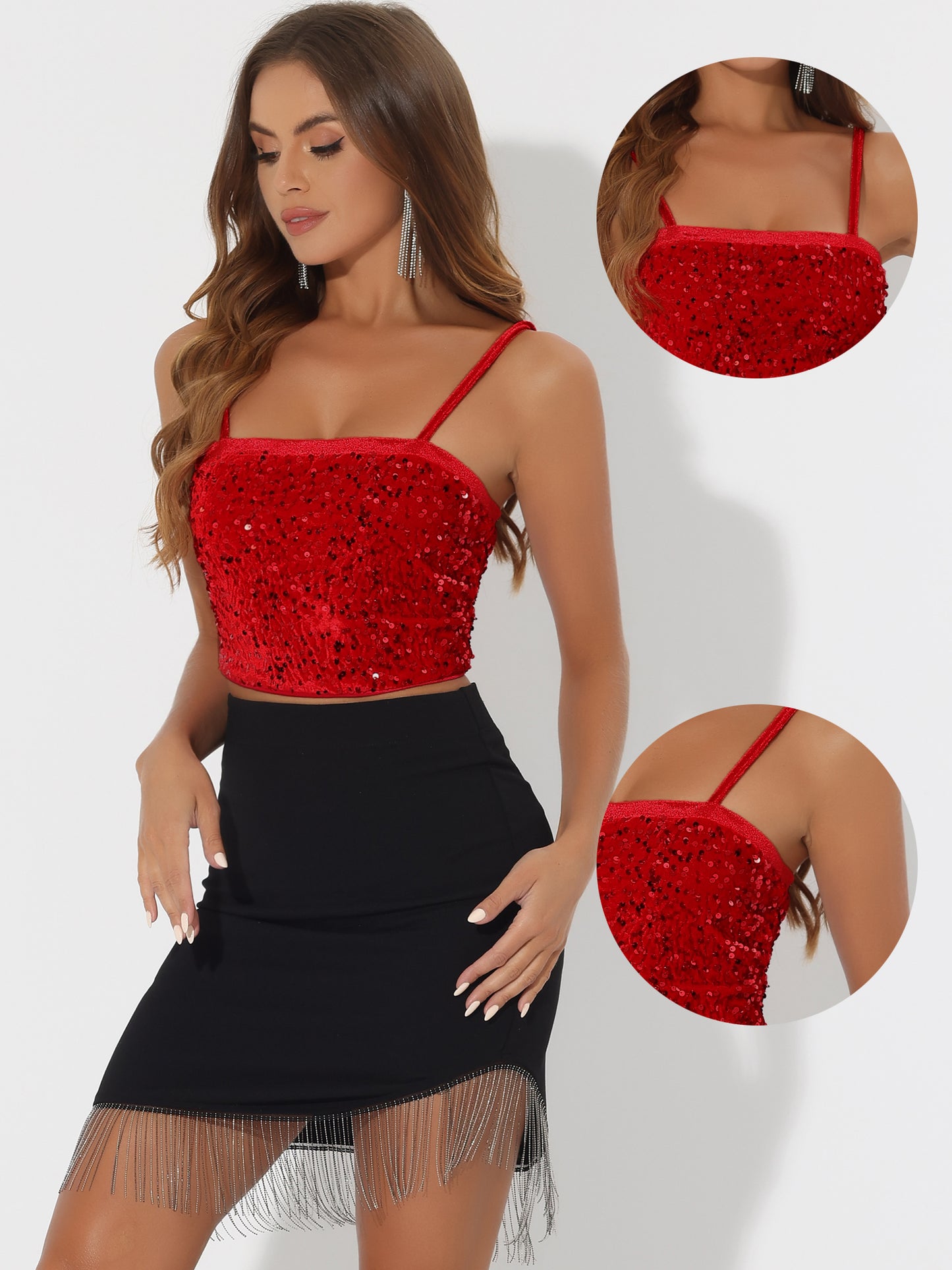 Top corto de tirantes finos de terciopelo con lentejuelas para mujer para fiesta en club