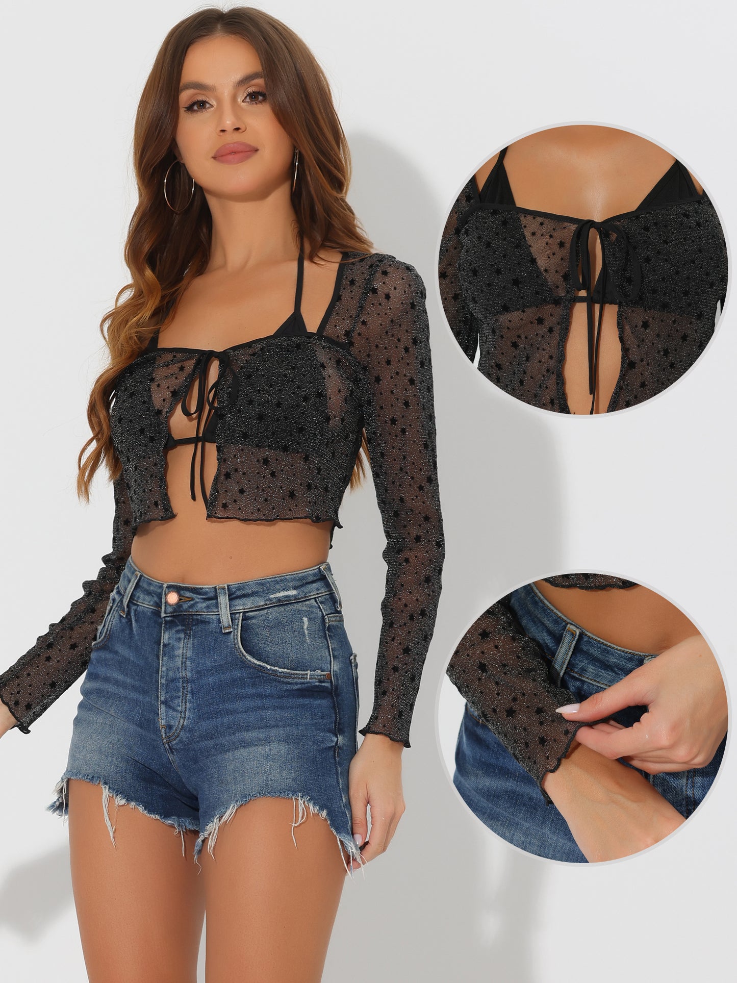 Women's Star Print Tie Front Crop Shiny Mesh Sheer Shrugs Top