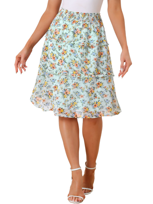 Women's Floral Skirts Spring Smocked Elastic Waist A-Line Below Knee Length Ruffle Tiered Skirt