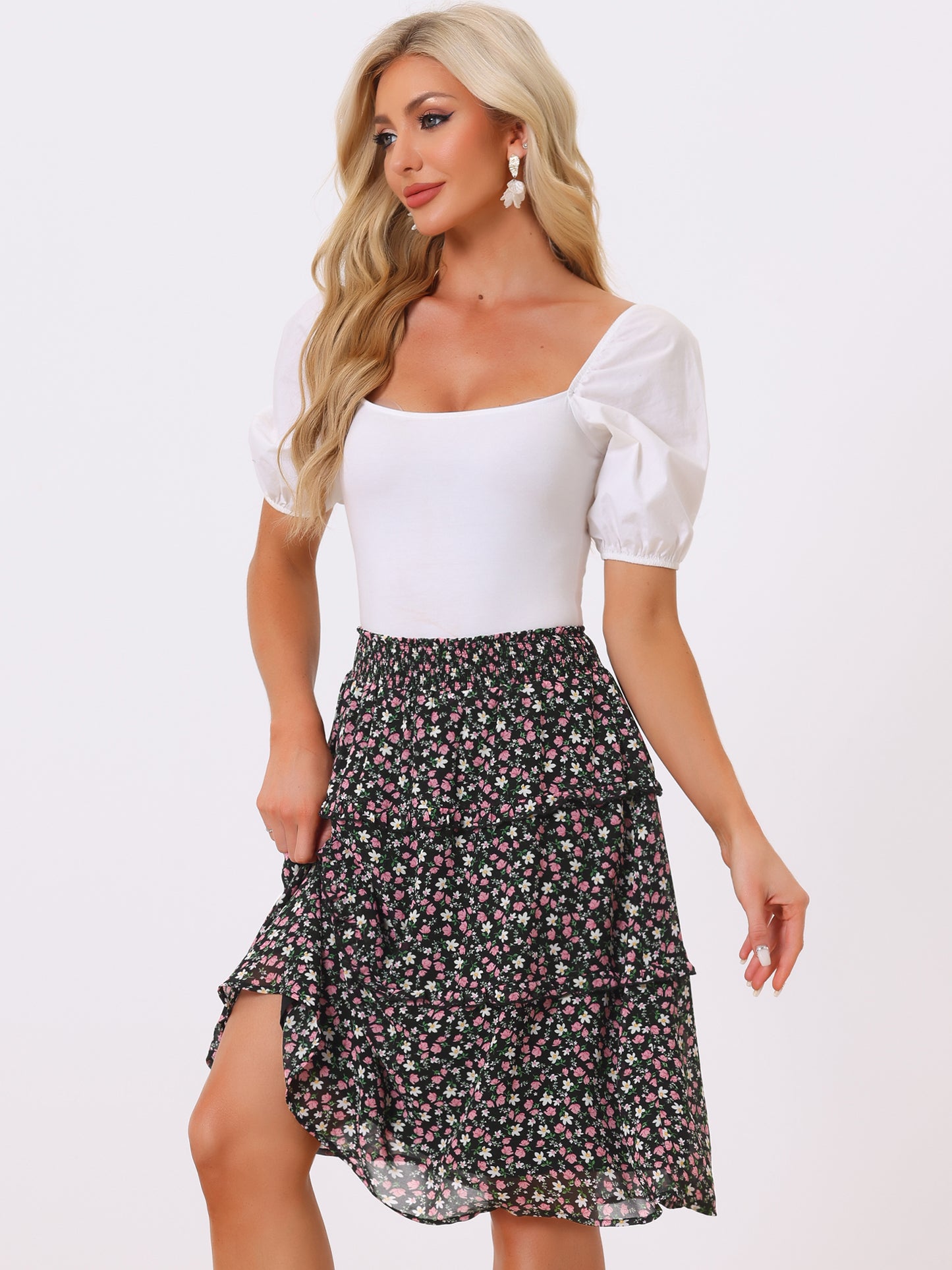 Women's Floral Skirts Spring Smocked Elastic Waist A-Line Below Knee Length Ruffle Tiered Skirt
