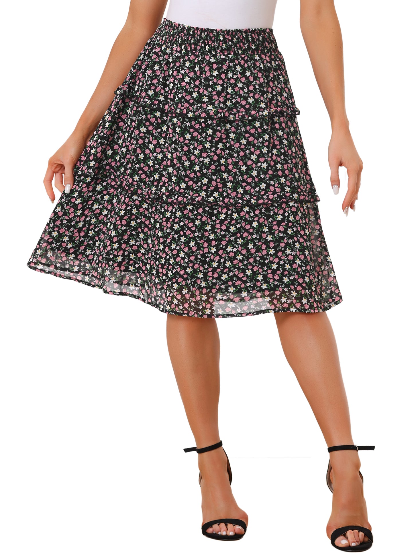 Women's Floral Skirts Spring Smocked Elastic Waist A-Line Below Knee Length Ruffle Tiered Skirt